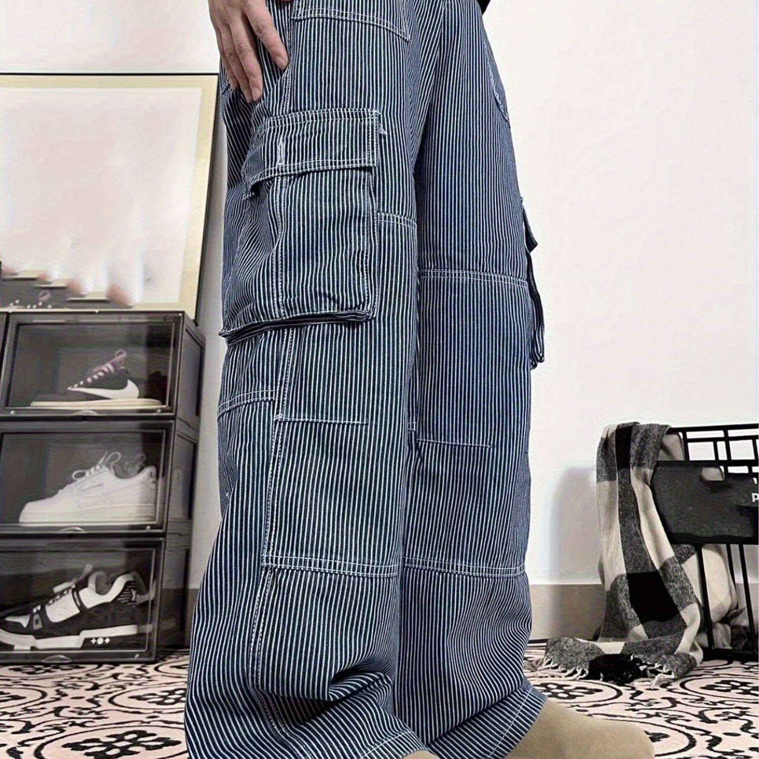 TEMU 【メンズ】スフィット ストライプ ワークパンツ - ミドル丈、 ド フェイクデニム製、ルーズで快適なワイドレッグデザイン、オール着用可能、洗濯機洗い可、カジュアルな仕事着に最適。