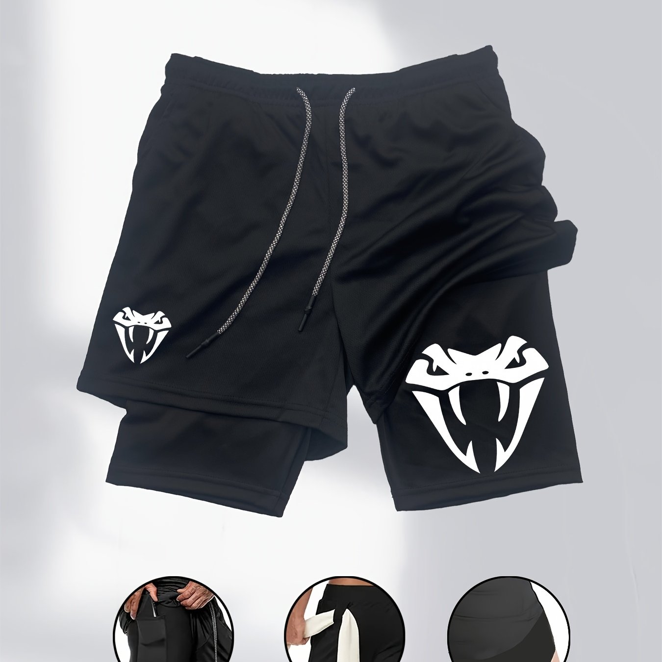 E-shop Herren-Doppelschicht-Sportshorts mit Schlangenmuster - Atmungsaktive, Schnelltrocknende Workout-Shorts, Elastischer Bund mit Handy-Tasche &