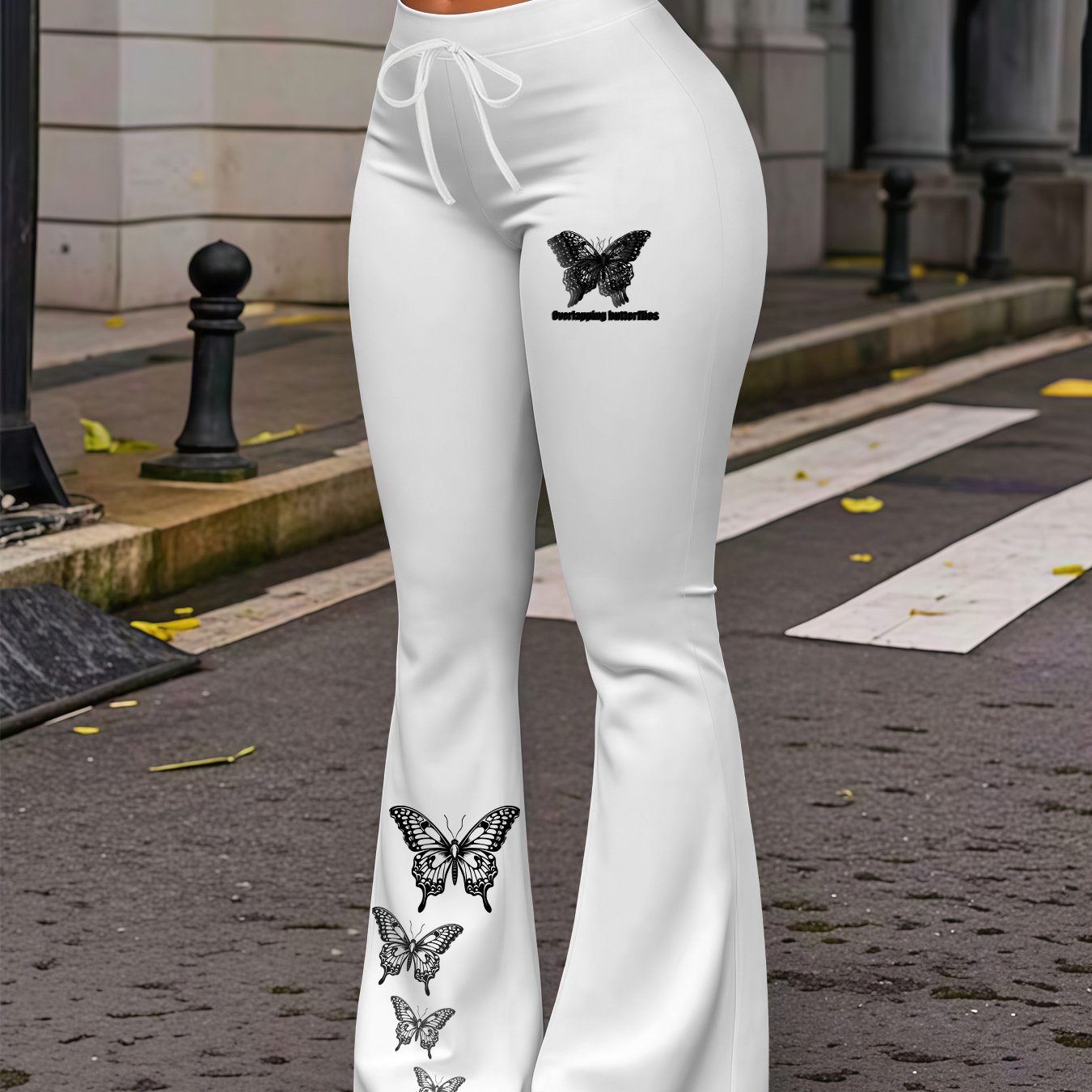 TEMU Pantalon d'automne pour femme, style européen et américain, à motif imprimé papillon sur la cuisse et le , avec ceinture à cordon de serrage,