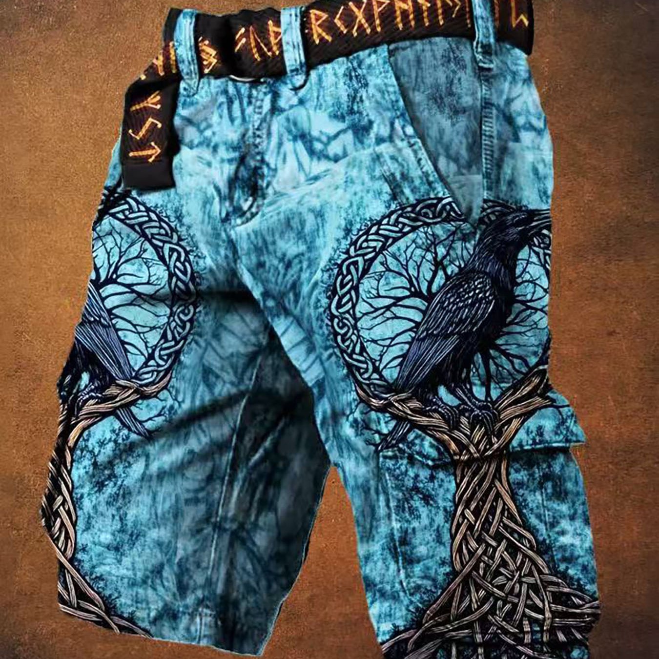 Image of Men's Belted Cargo Shorts With Vintage Norse And Totem Print Comfortable And Breathable Suitable For Daily Dating Outdoor Streetwear Great Gift For Men Men's Clothing, Plus Size