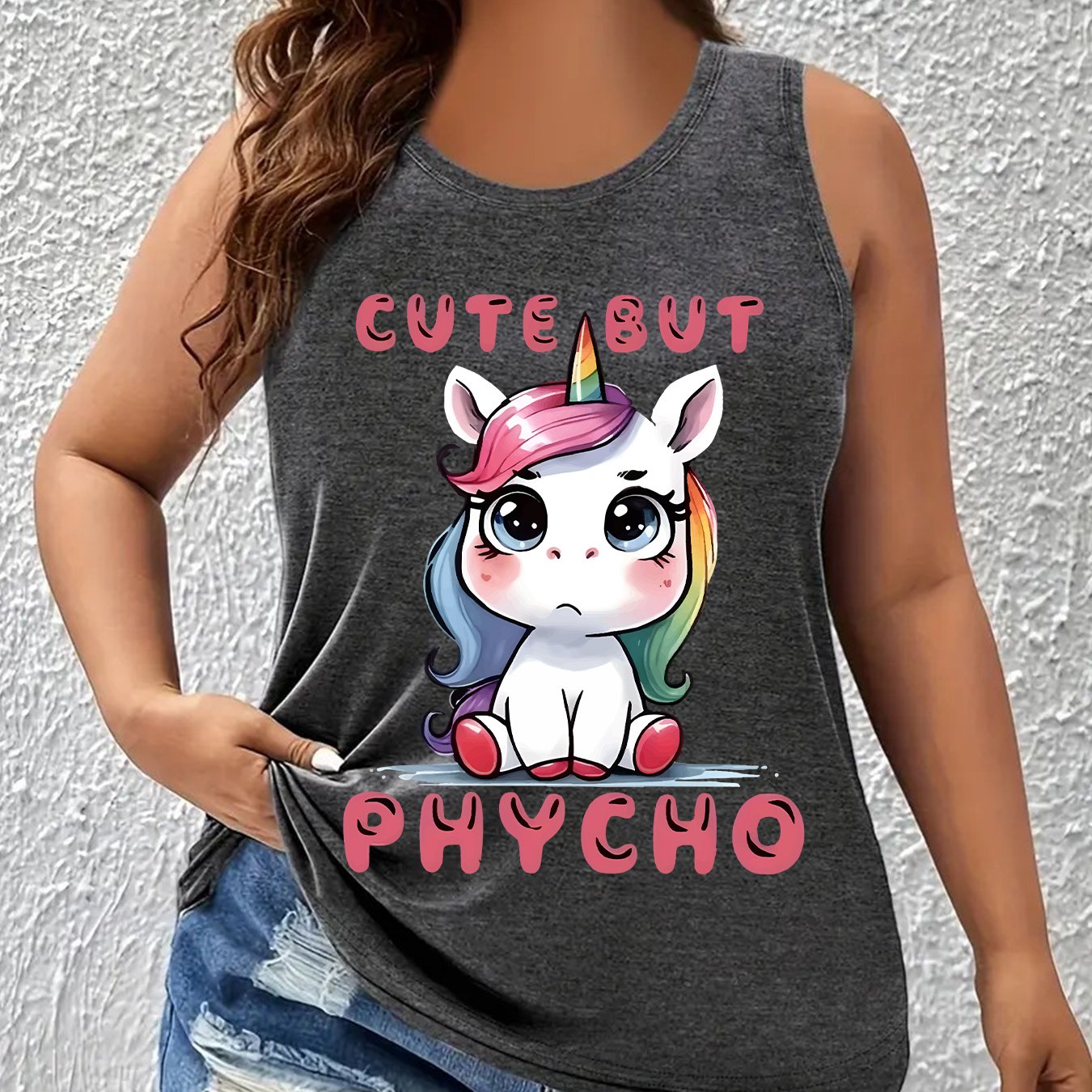 TEMU Plus Size - Plus Size - Fashionable Round-neck Tank Top With A Popular Unicorn Print, In Plus Sizes For