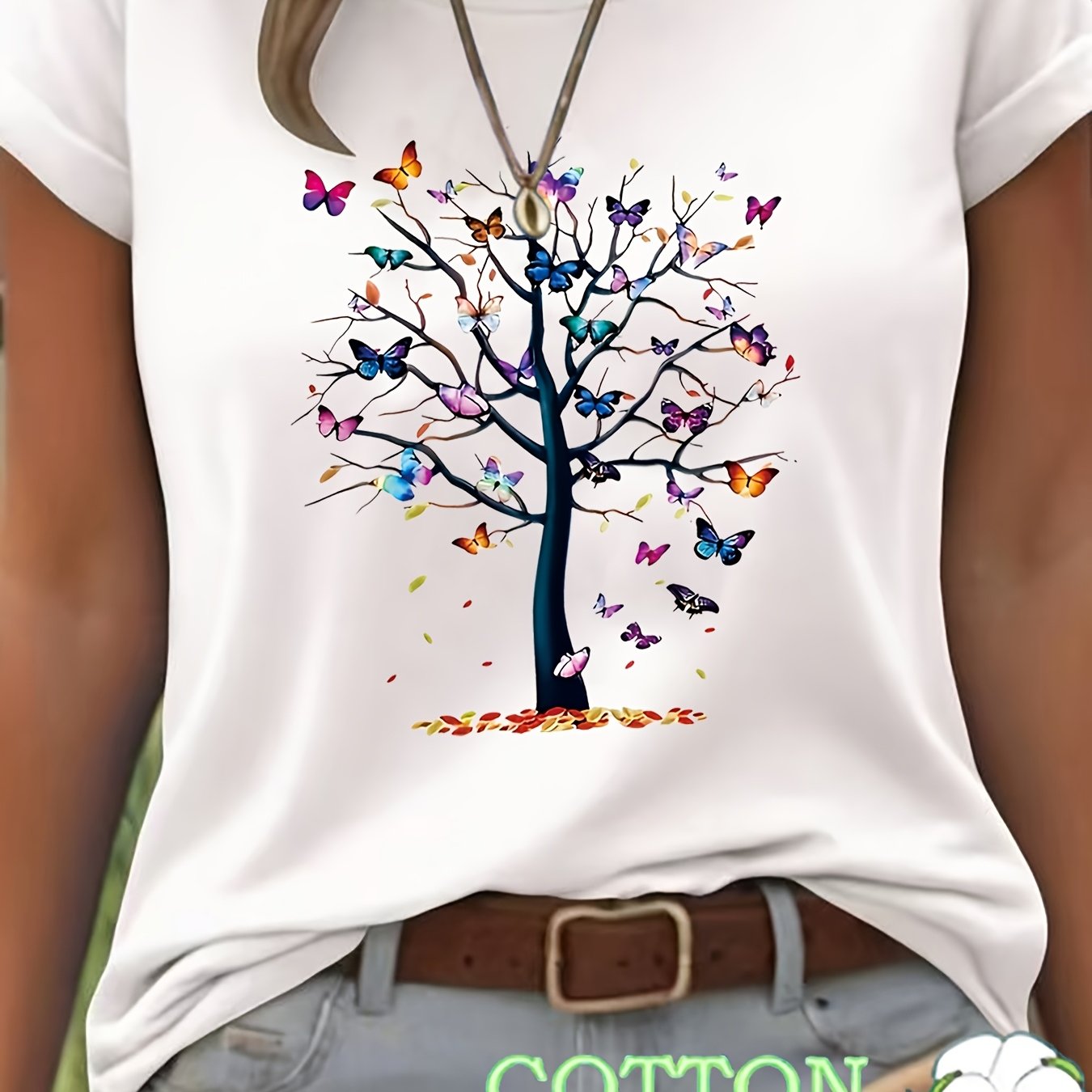 Image of A Tree With Butterflies Theme Designed Pure T-shirt Women's T-shirt High Quality T-shirt Spring Summer Casual Wear Gift For