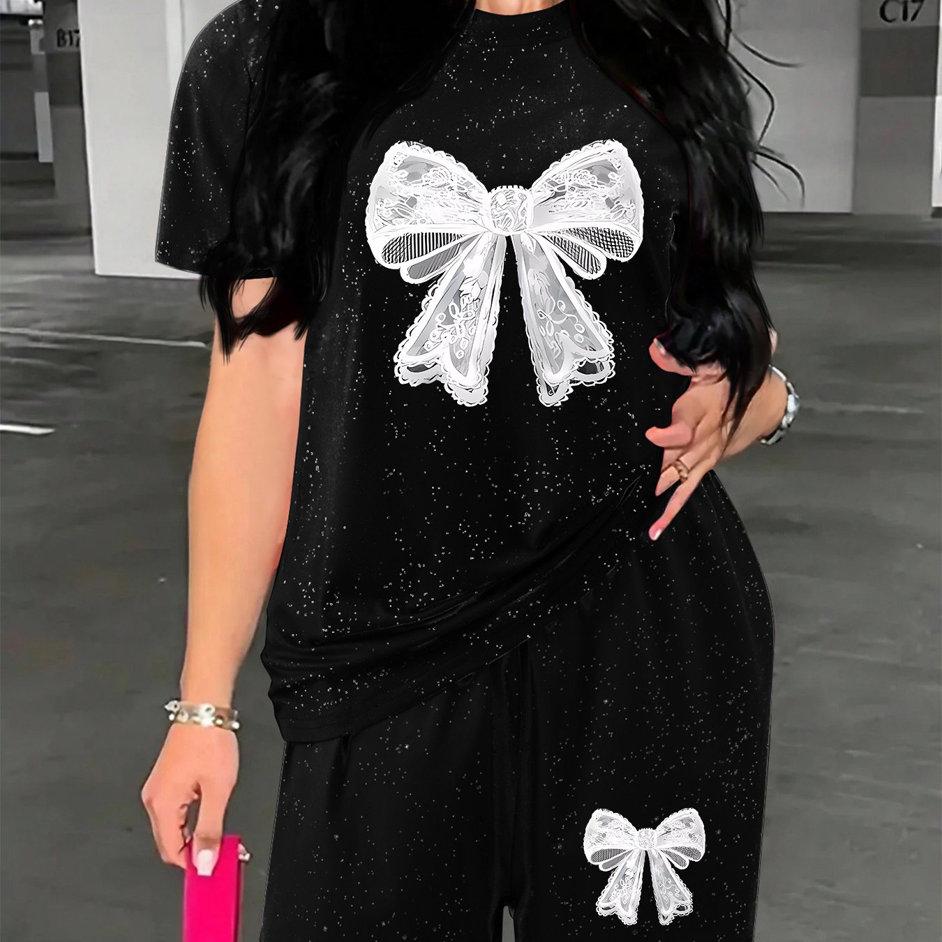 TEMU And Summer Fashionable Sportswear For Women, Featuring A Starry Short-sleeve Round-neck T-shirt And Matching Shorts Set