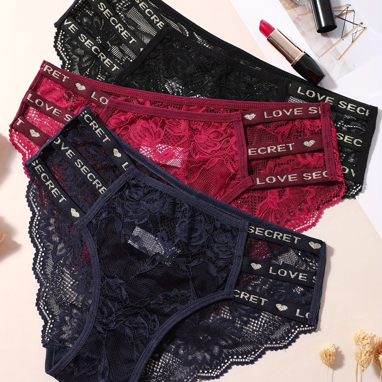 Image of 3pcs Sexy Semi-transparent Hollow-out Thin Waistband Floral Lace Panties For Women, Solid Color Briefs