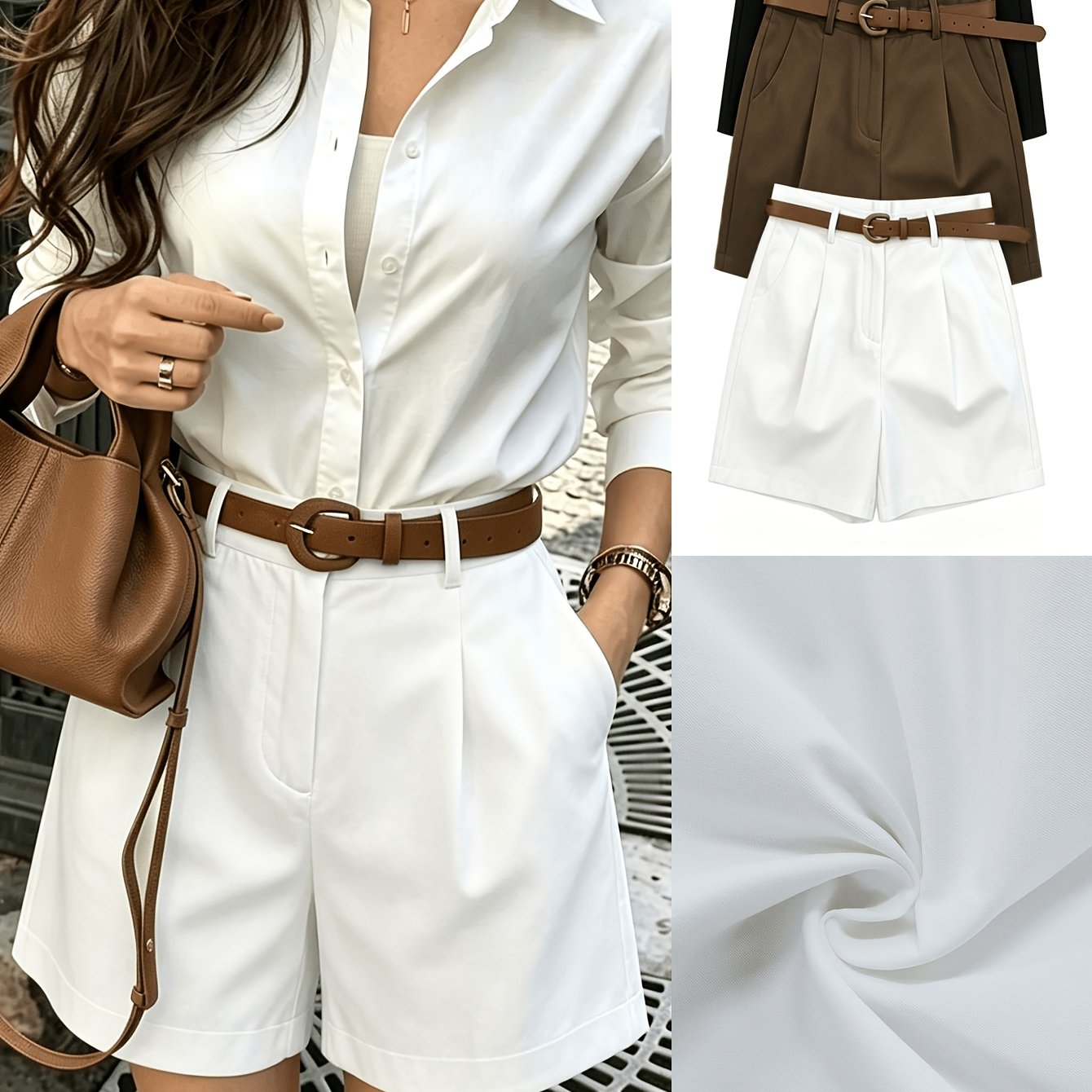 TEMU New Elegant And Stylish Women's 3pcs Shorts Set With Zipper Pockets And Belt, In Black, White, And Khaki