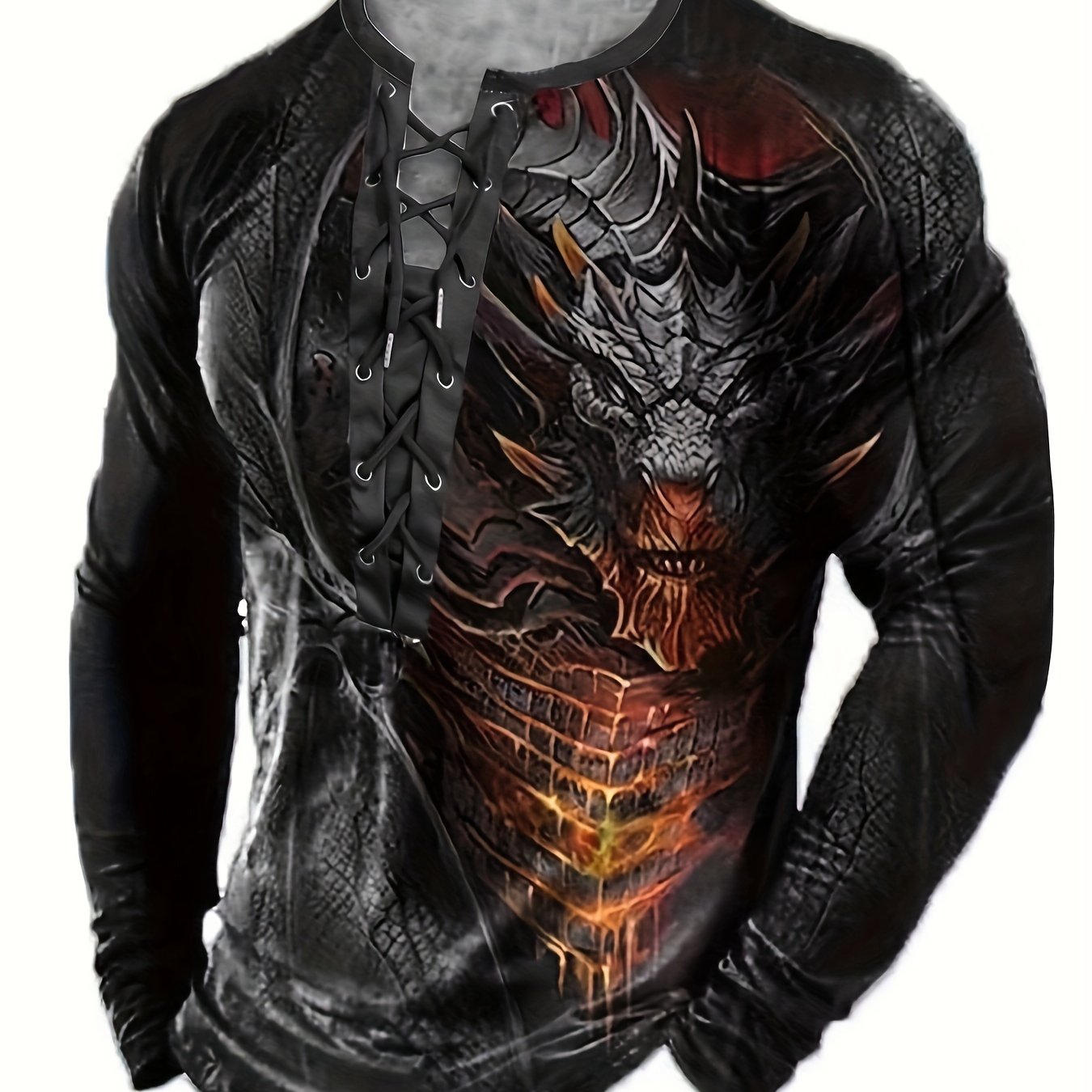 TEMU Camiseta Henley De Manga Larga Con Estampado De Dragón 3D Para Hombre De Estilo Retro, Ropa Elegante Para Hombre Para Primavera Y Otoño, Regalo