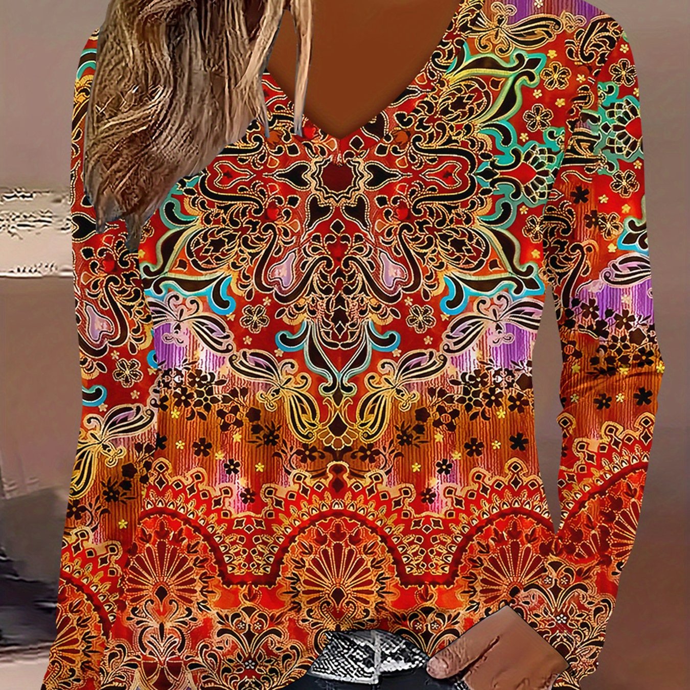 TEMU Plus Size, European And Autumn/winter V-neck Long Sleeve Women's Top