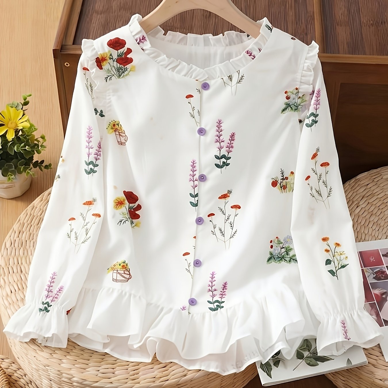 TEMU Chemise Florale de Style Français - Haut Élégant à Col et Manches Longues avec Imprimé , Lavable en Machine, Convient pour , l'Été et , Longueur