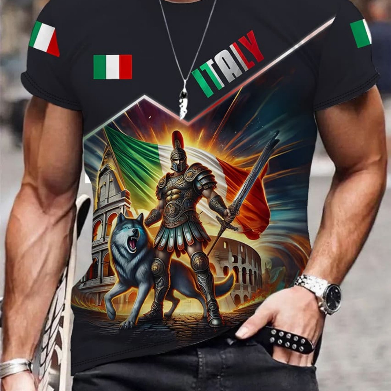 TEMU Men's Italian Style Roman Warrior 3d Print Short Sleeve T-shirt Fashion Trendy Loose Casual Versatile Summer New Style||