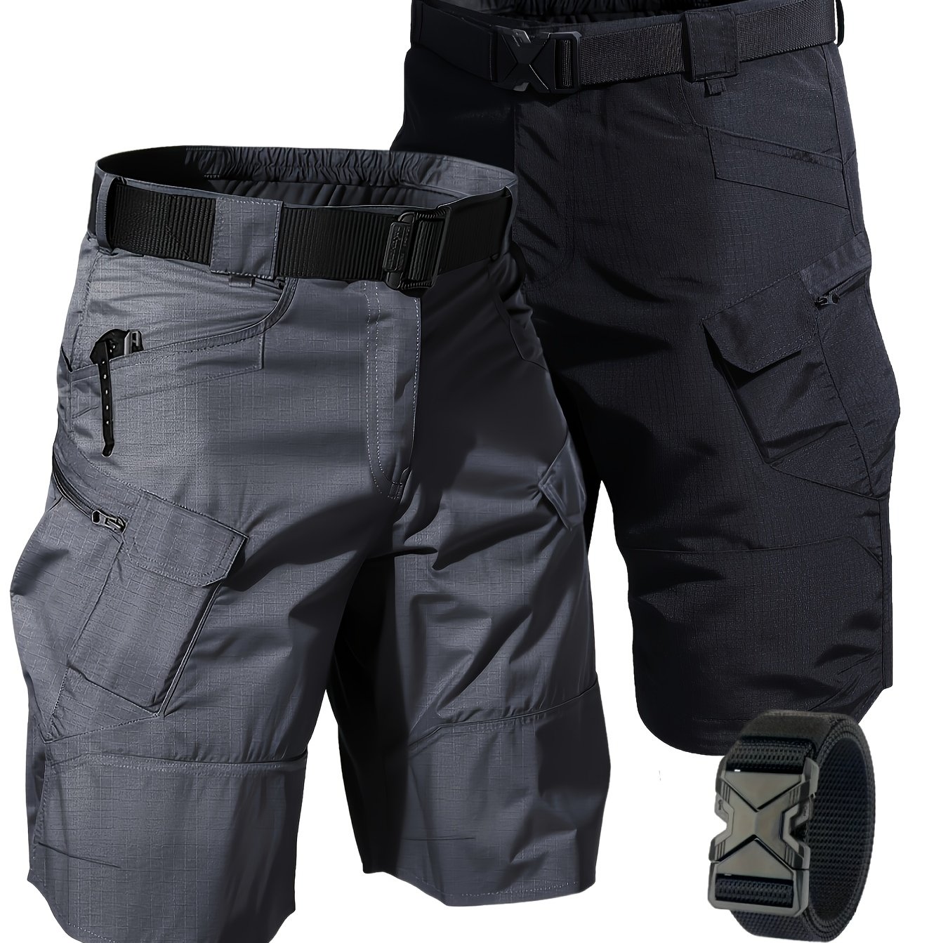 TEMU 2pcs Of Men's Multi-pocket Shorts - Quick-drying Shorts For Hiking, Fishing And Outdoor Work (belt Included) - In Black, Grey, Beige | Solid Color Options | Clean Fabrics, Camping Gear