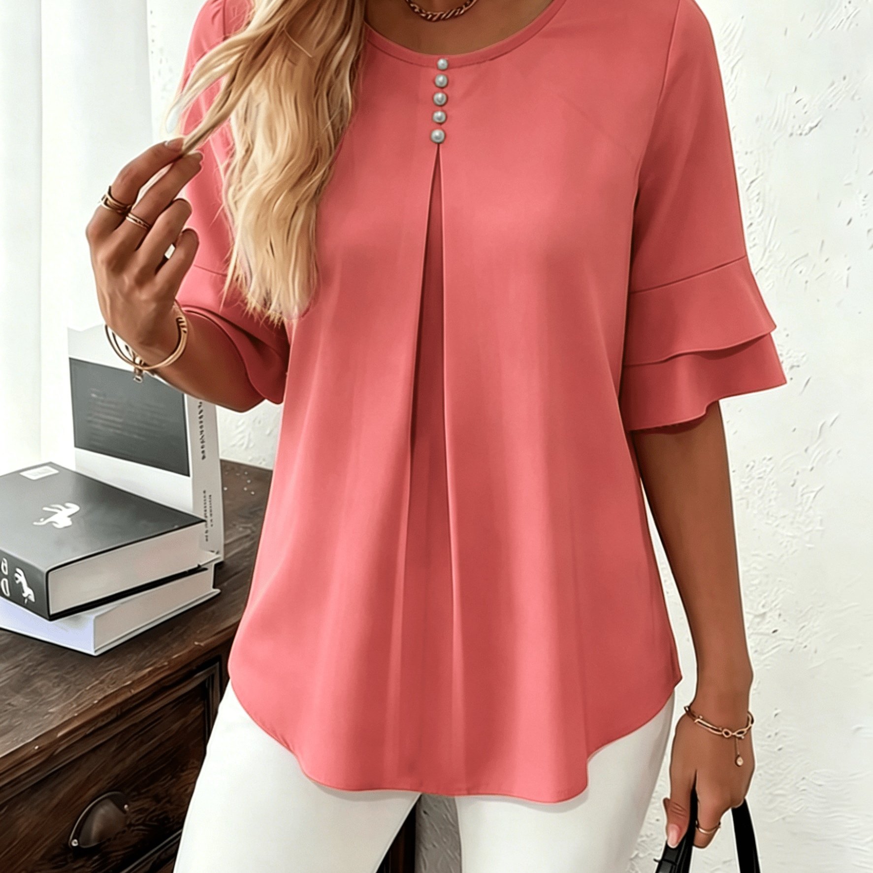 Elegant Flared Sleeve Shirt, Summer Loose Solid Round Neck Top