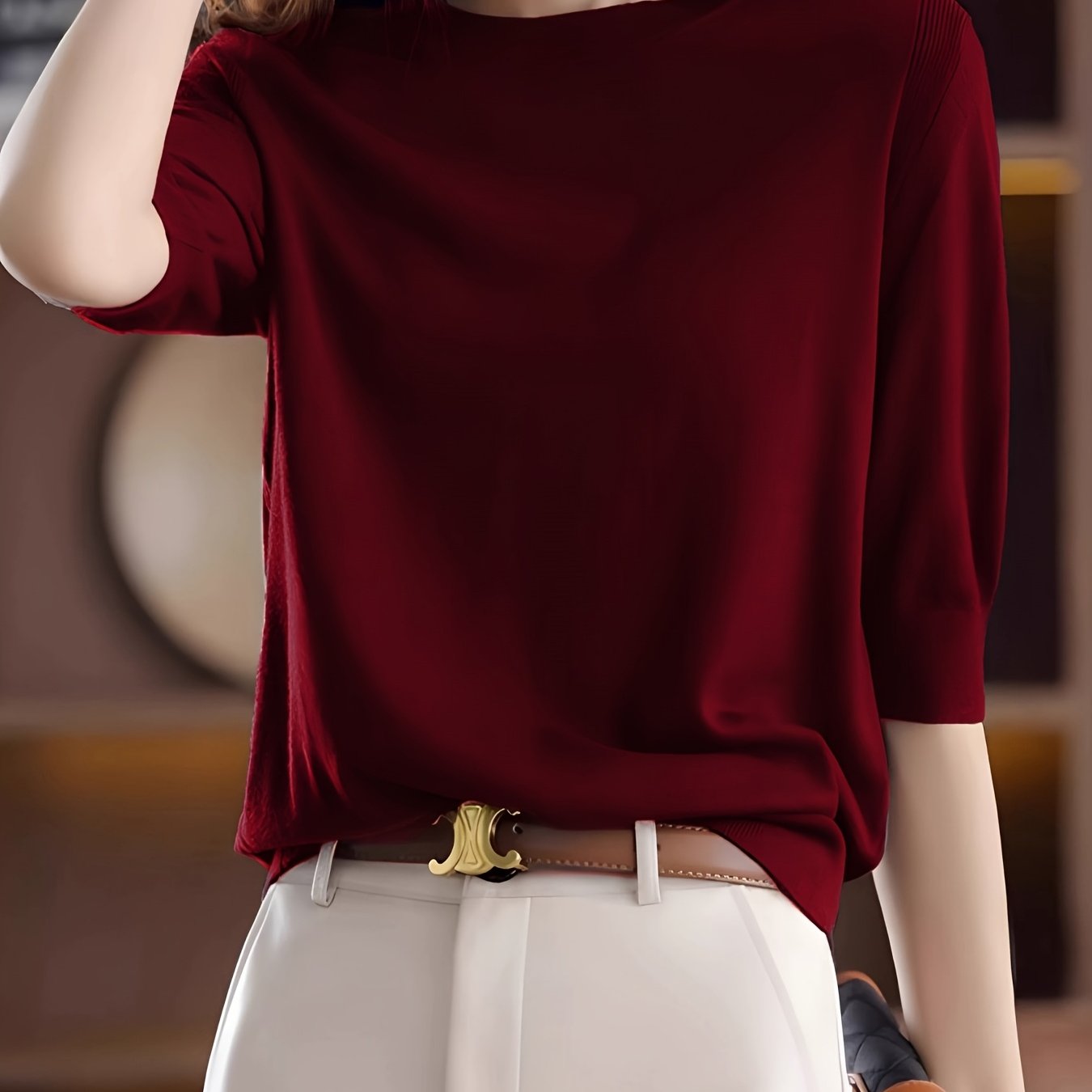 E-shop Damen fein gesponnenes Oberteil mit Rundhalsausschnitt mittellangen Ärmeln, neues elegantes Vintage-Top für Frühling/Herbst, Unterziehshirt mit