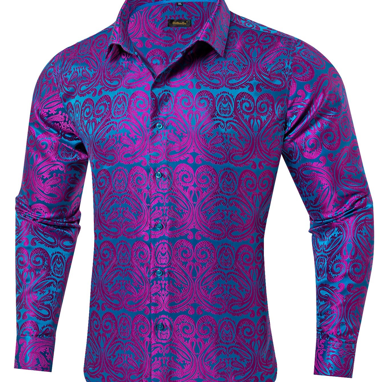 Image of Men's Purple Blue Paisley Jacquard Dress Shirt | Long Sleeve Button, Vintage Style, Non-stretch Fabric, Single Breasted, Perfect For And Nightclub