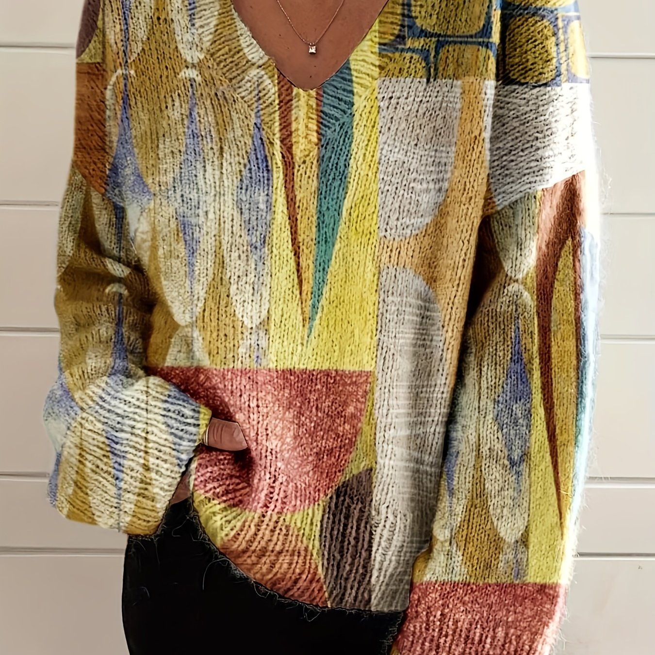 TEMU Grande Taille - Motif Plat 2D Automne Hiver Mode Tendance Polyvalent Pull Col en V Manches Longues Haut Femme Imprimé Numérique Plat Mode Pull