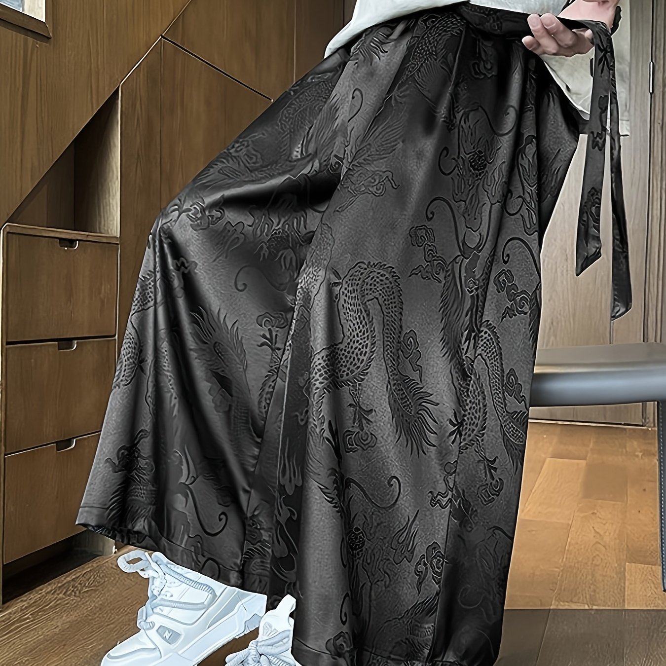 E-shop [Xianglongfei OBM] Frühlings-Sommer Unisex Lockerer Weitbein-Rock Hosen, Drachenmuster Jacquard, Fließende Knöchelhöhe Gerade Hosen. Herren