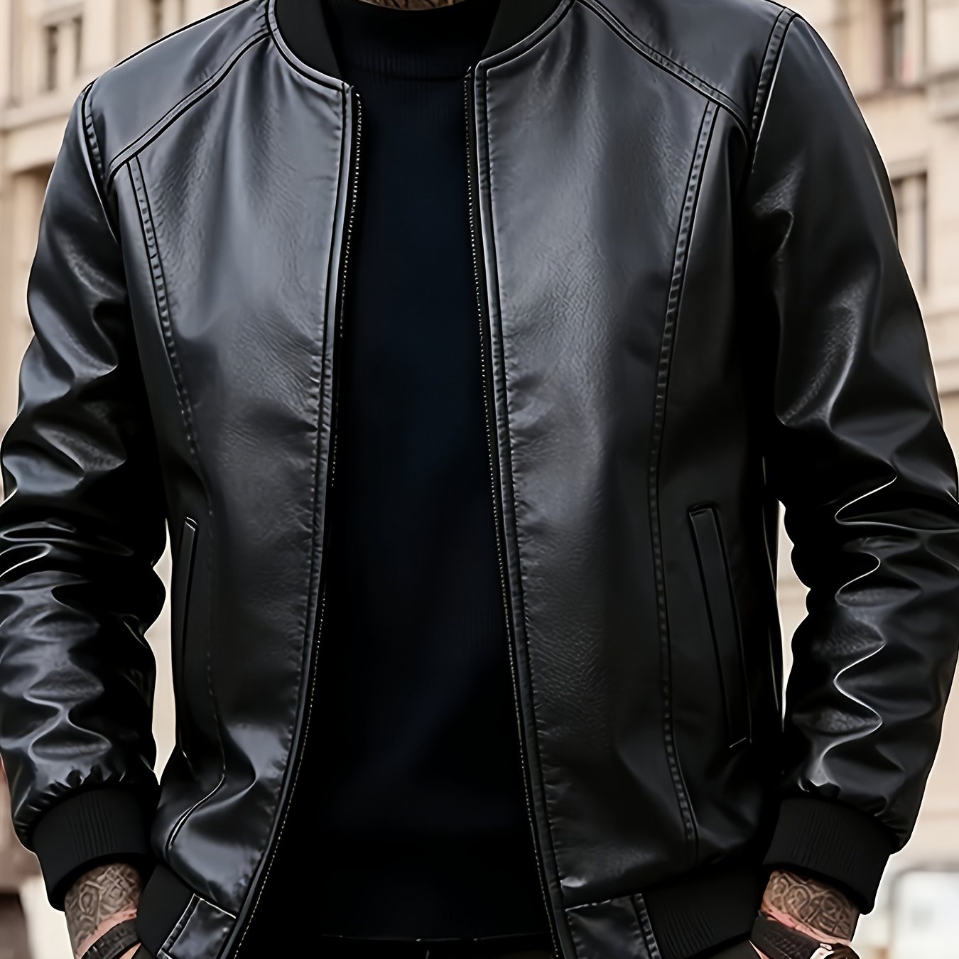 E-shop Herrenmode Winddichte Schwarze PU Jacke - Lässige Baseballkragen Reißverschluss Jacke, Leicht und Bequem, Trendiger Outdoor Street Style Biker