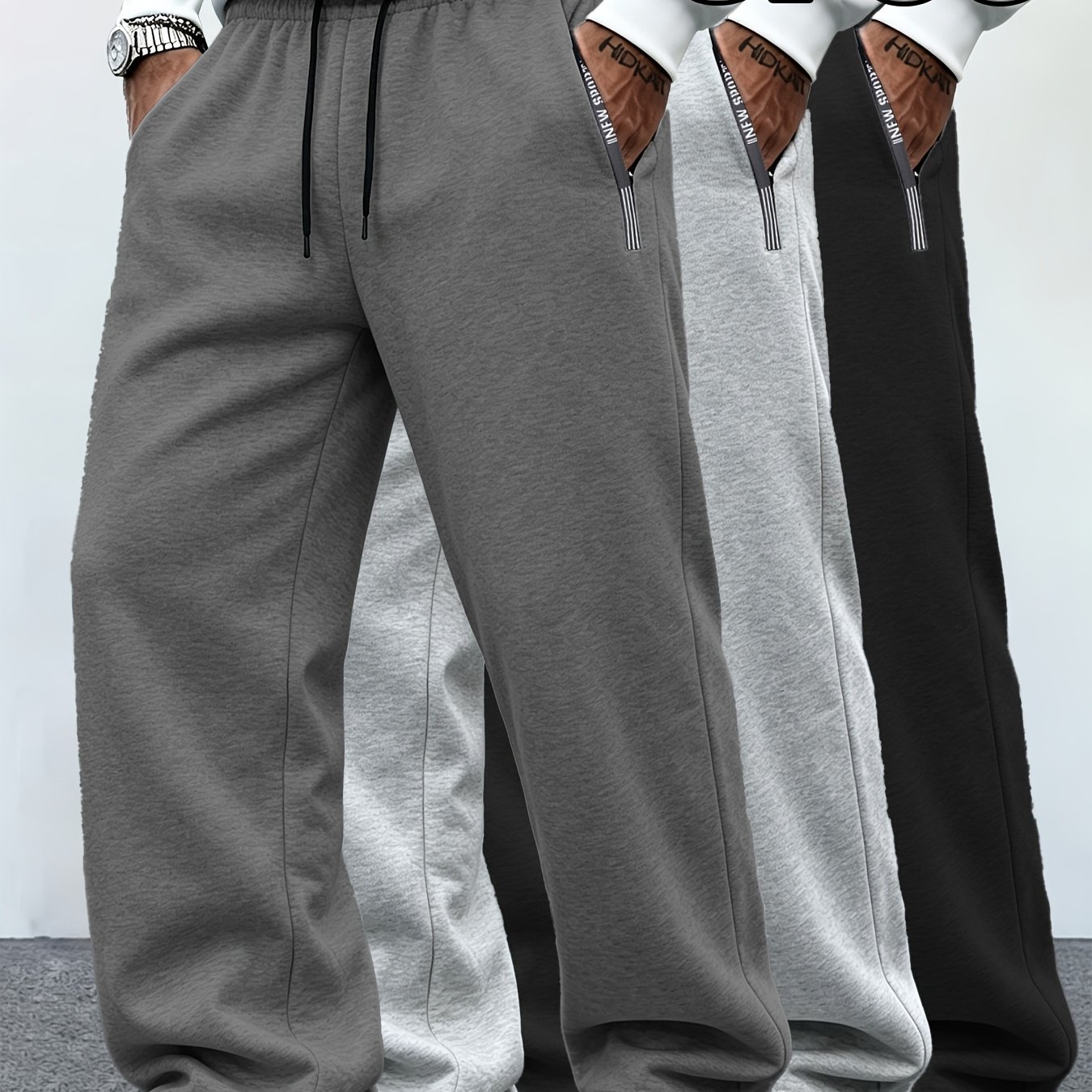 TEMU 3pcs Men's Jogger Pants, In Multiple Color Combinations, Double-sided Letter Zippers, Elastic Drawstring Waist, Perfect For Winter Wear, Daily