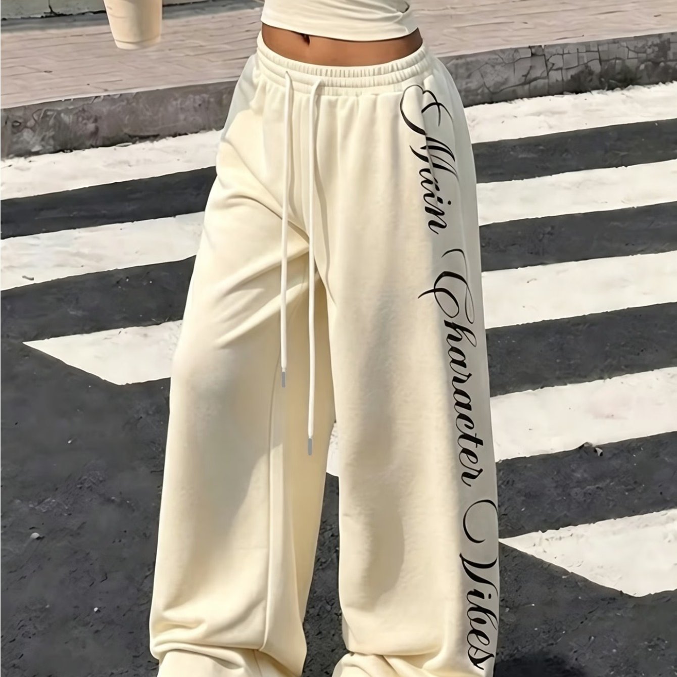 TEMU [printed Design - Non-textured] Women's Y2k Wide-leg Sweatpants, High-waist Drawstring Drape Floor-length Casual Trousers With Floral English