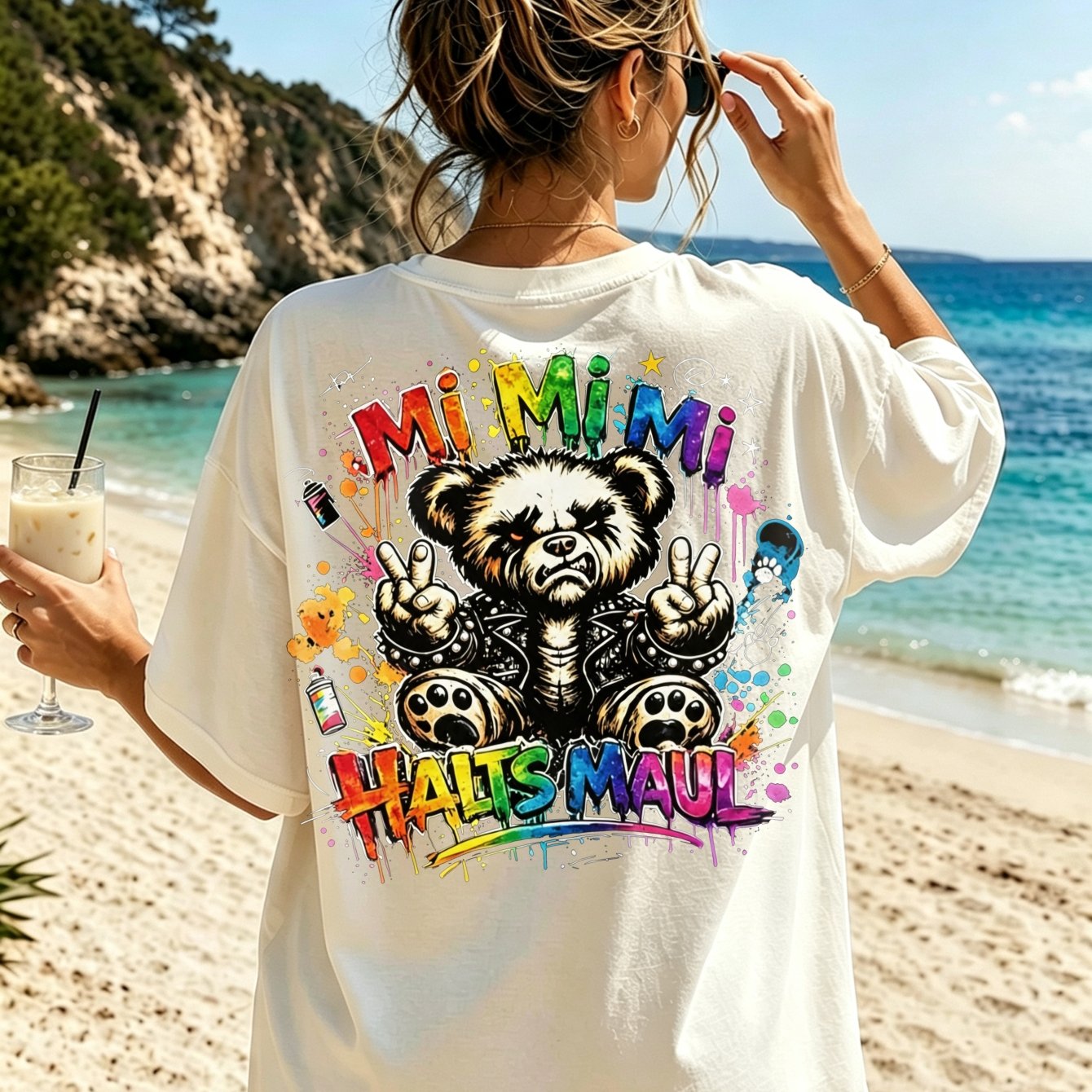 Image of Women's Teddy Bear Back Print T-shirt - Mi Mi Mi Suitable For - Casual Wear Signs & Graffiti Jacket, Machine Washable Fashion Top For Everyday Outfits (teddy Bear)