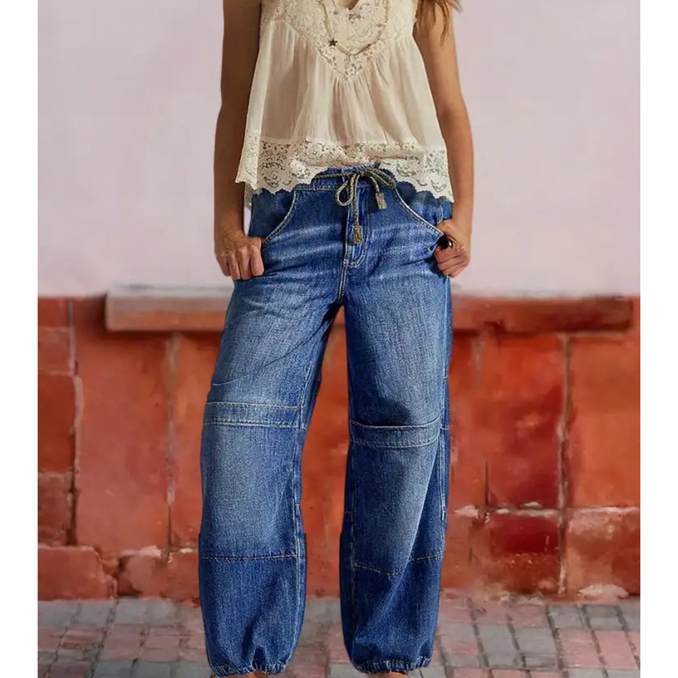 Image of [women's Fashion]women's Jeans, Three-dimensional Cut Leg Splicing Design Pants, Elastic Waistband With Drawstring, Adjustable Cuff Size, Machine Washable, Suitable For , Fashionable Denim Trousers