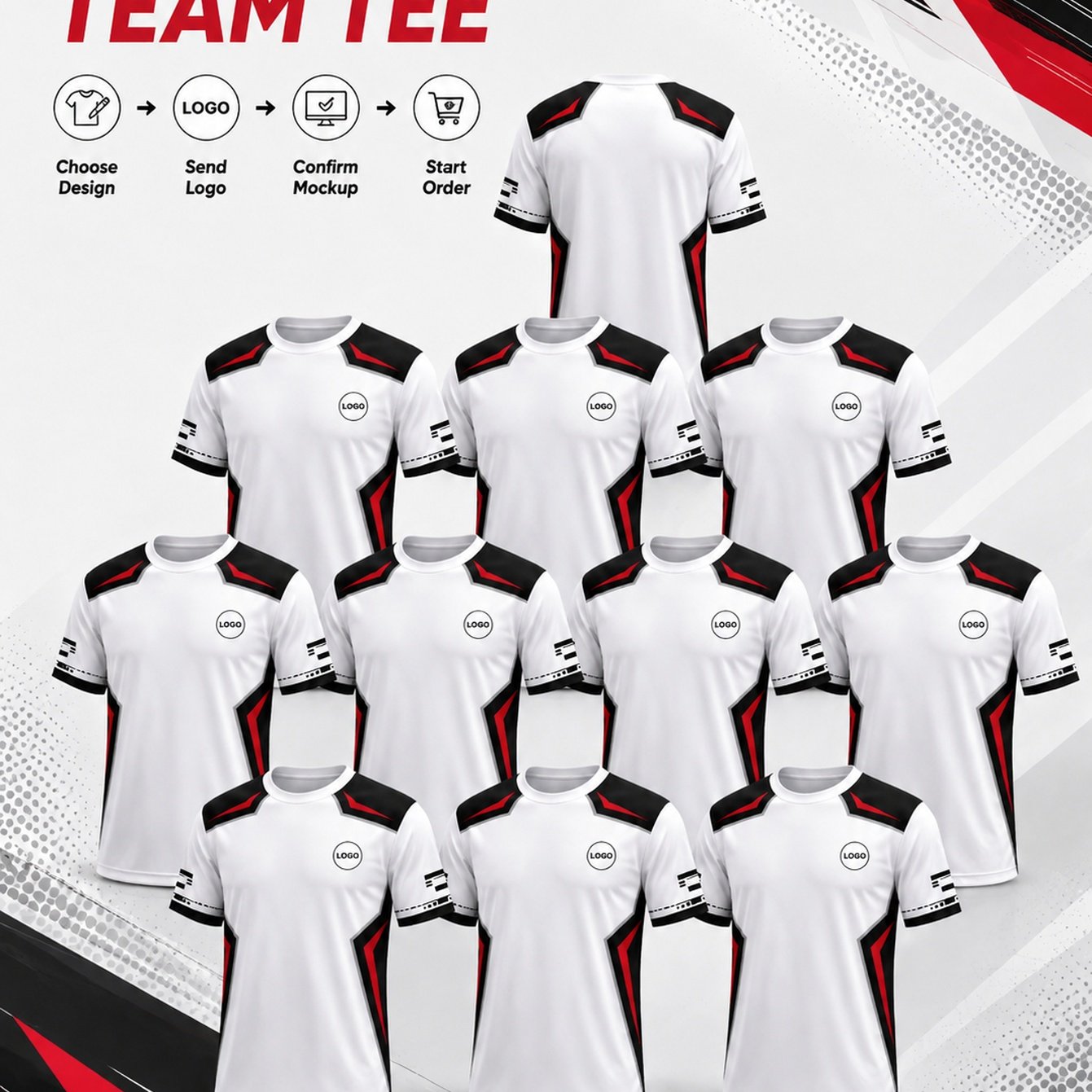 TEMU 10pcs Custom Team Jersey Custom Team Sports Short-sleeve Shirt, Custom Logo , White Background With Black Red Angled Geometric Full Print, Heat