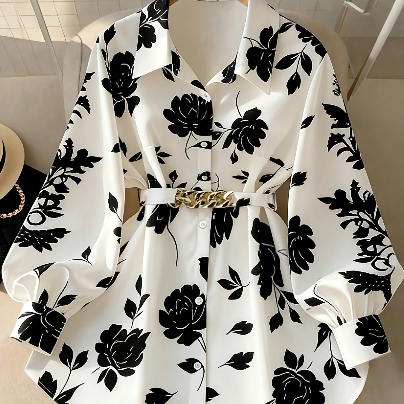TEMU Plus Size - Large-size Women's Floral Print, Accessory Elegant Long-sleeved Shirt