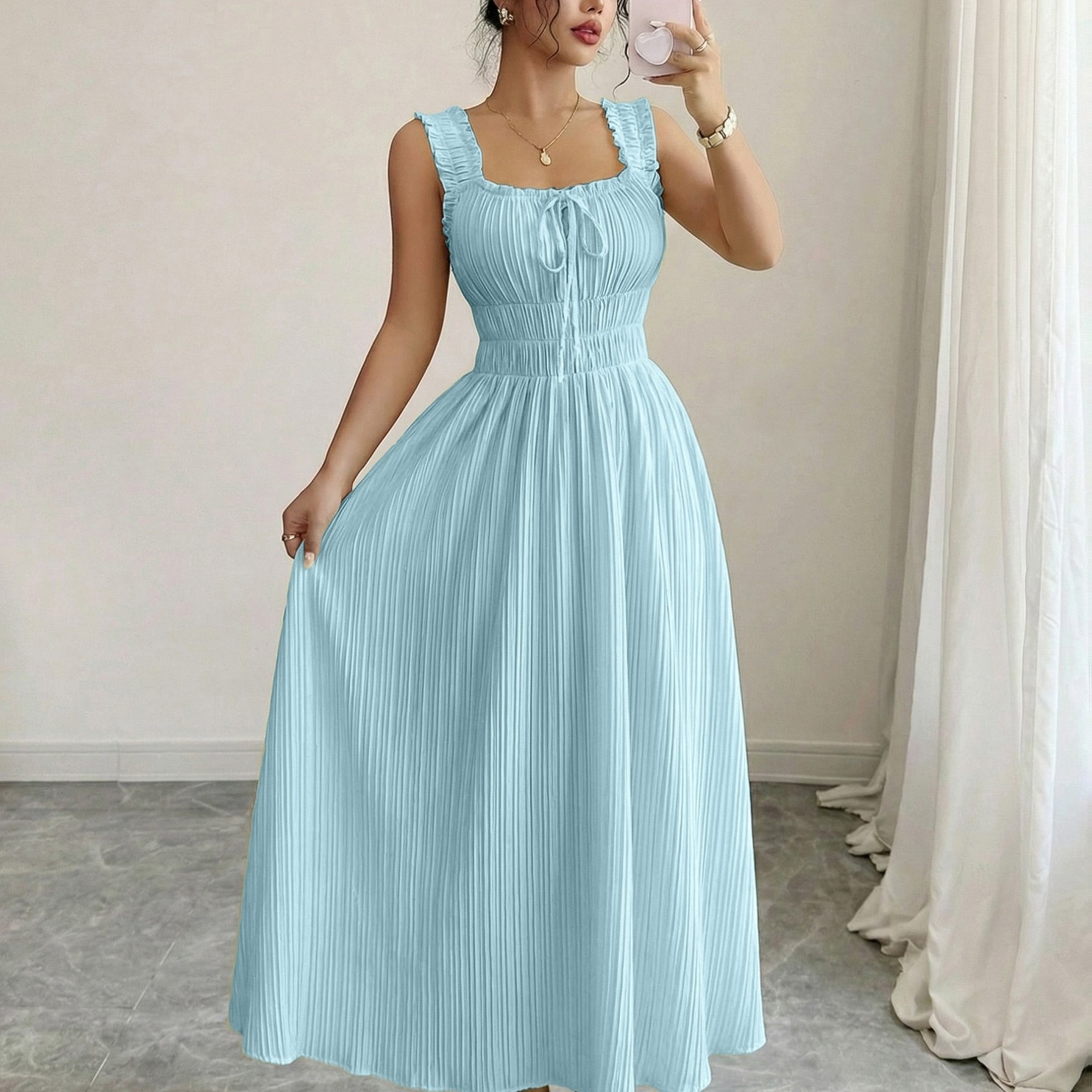 TEMU Women's Spring Summer New Temperament Elegant Solid Texture Fabric Square Neck Tie-belt A-line Dress