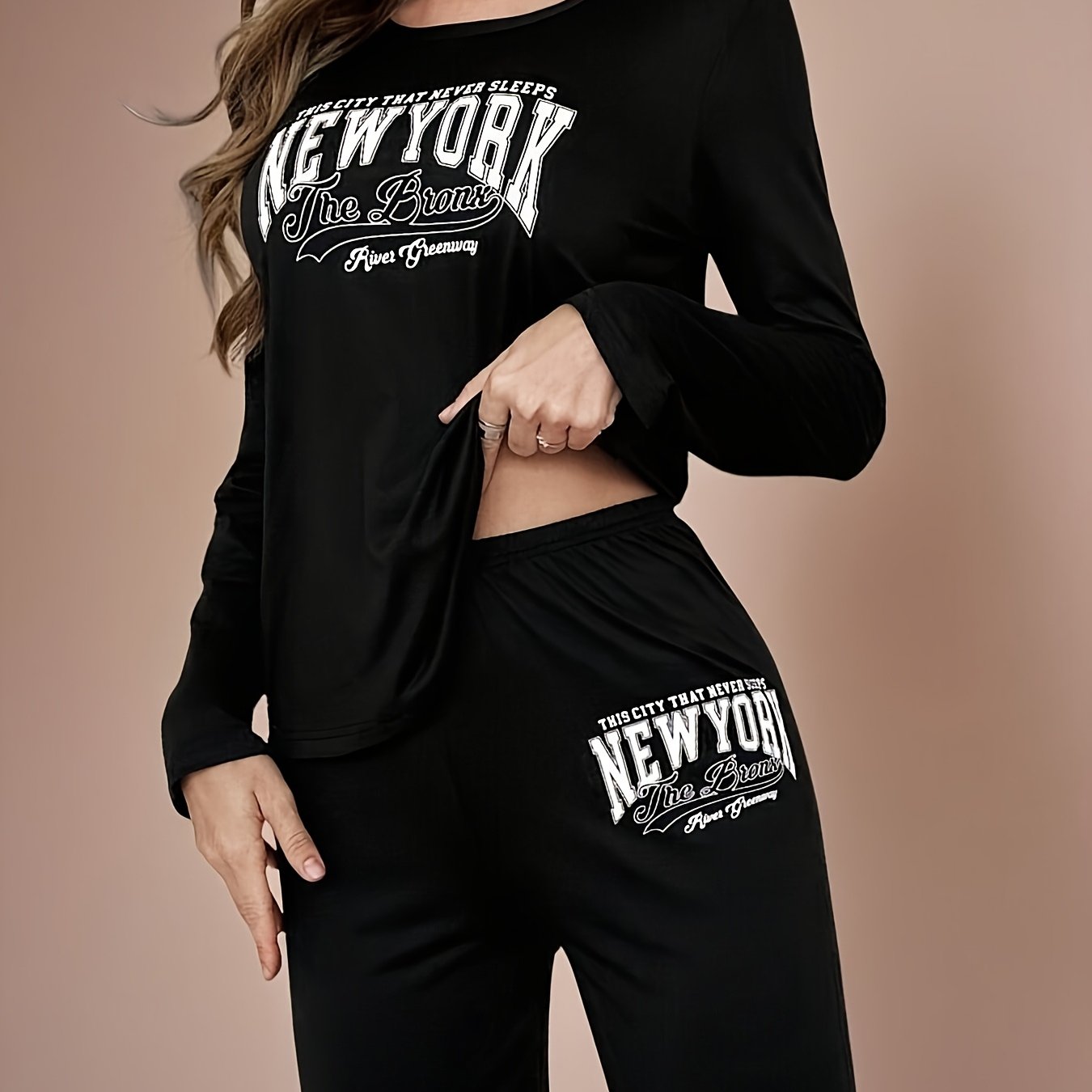 TEMU Letter Loose Long Sleeve And Pants Women's Pajama Set