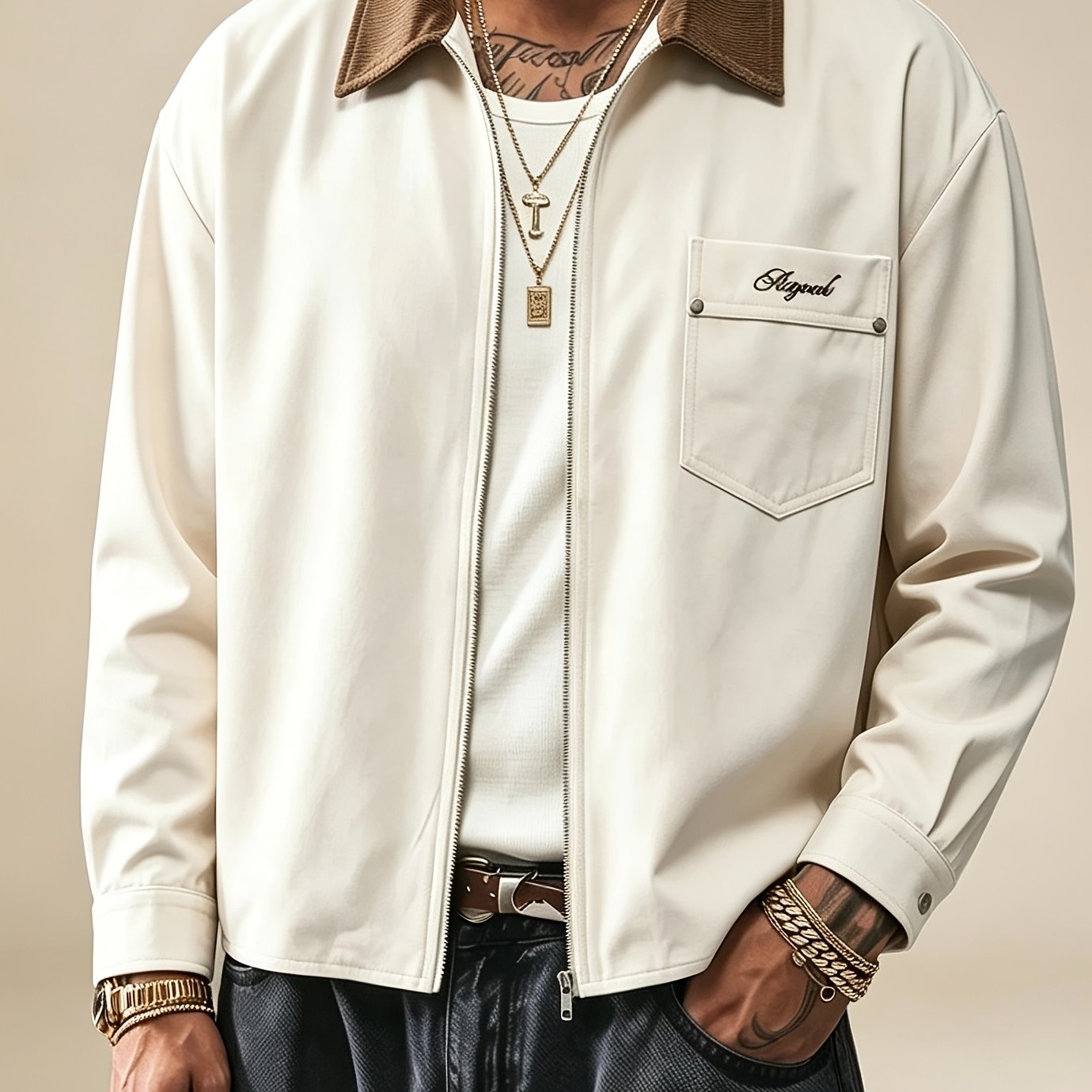 TEMU Giacca da casual con a costine a e con cerniera, capospalla ricamato a maniche lunghe, abbigliamento streetwear autunnale per il tragitto