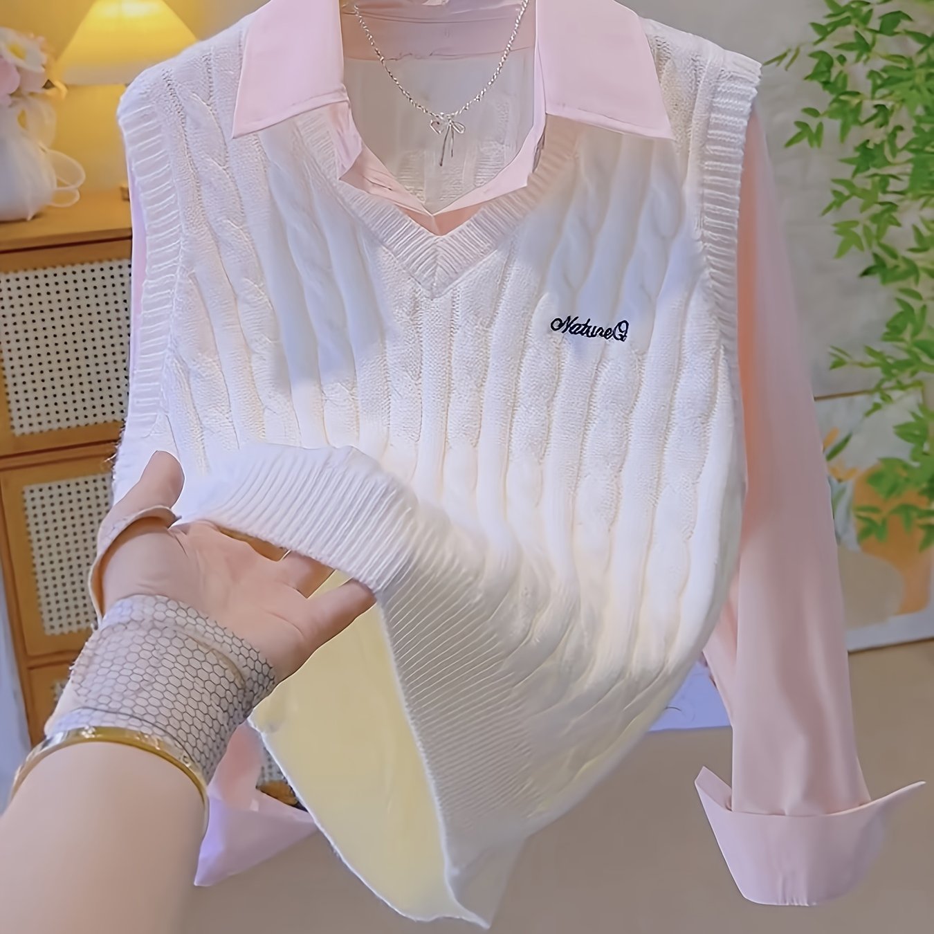 TEMU A Fashionable 2-in-1 Look Sweater For Women, New 2025 Spring/autumn Korean Style Loose Fit Collar Long Sleeve Top