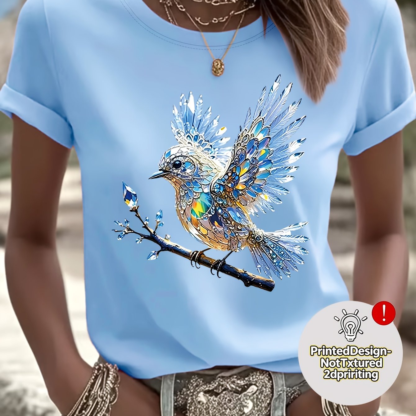 TEMU Fresh And Light Luxury Rhinestone Printed Short-sleeve T-shirt With Bird Pattern. The Printed, Not Textured, And Features 2d Printing. Regular