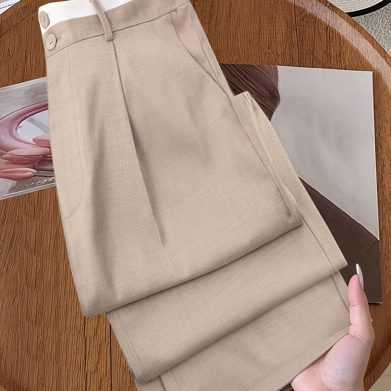 TEMU 카키색 탄성 허리 캐주얼 바지 여성 패션 다용도 레그 팬츠