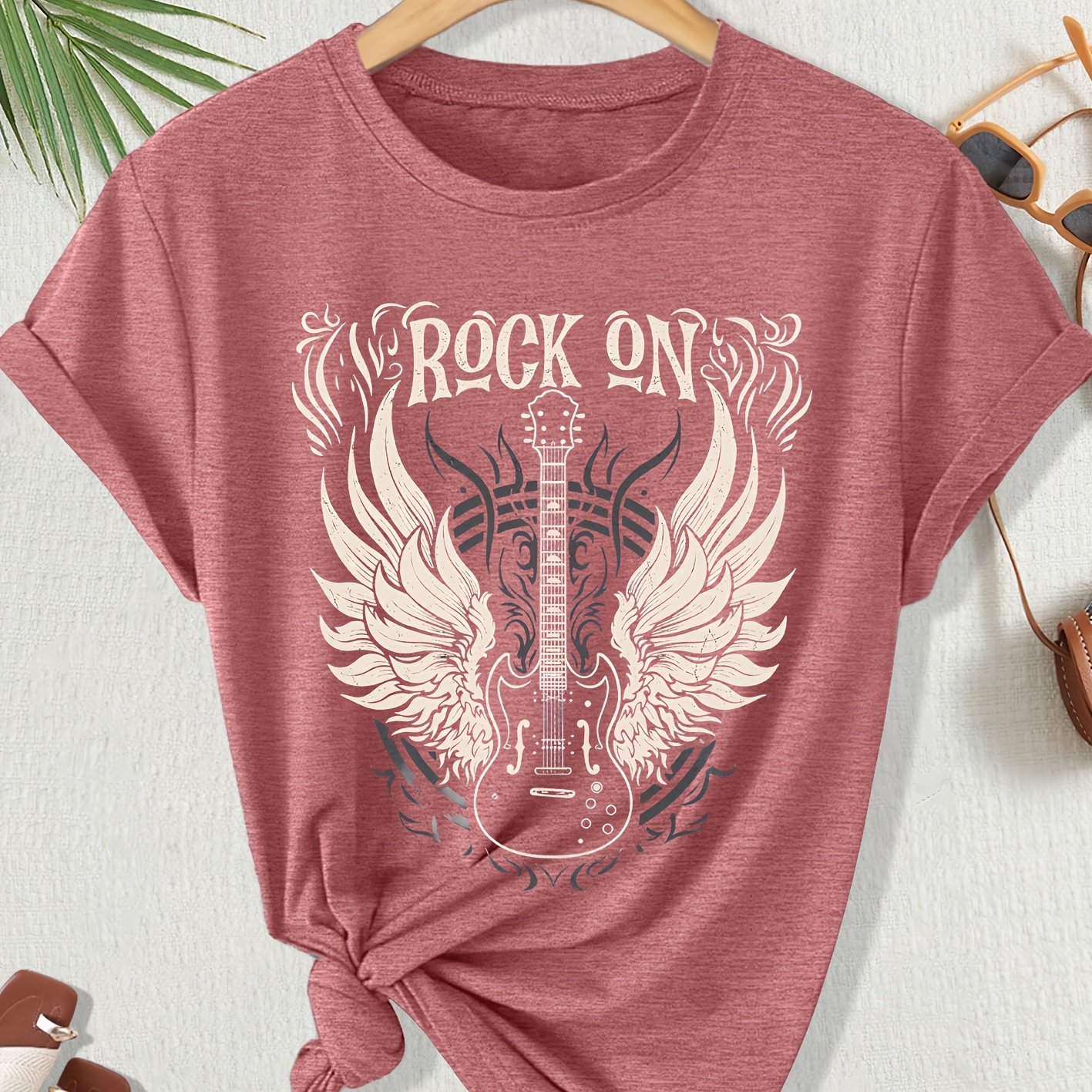 TEMU Spring/summer Women's Short-sleeve T-shirt With Rock Guitar Wings "" Graphic Print, Round Neck, Casual Loose Fit, Plus Size, Fashionable And