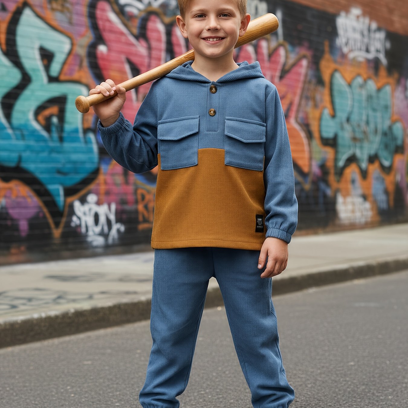 Boys' Cozy Corduroy Hoodie & Pants Set In Brown With Beige Accents - Casual, Machine Washable Outfit For , Perfect For Fall/winter, Perfect For Outdoor