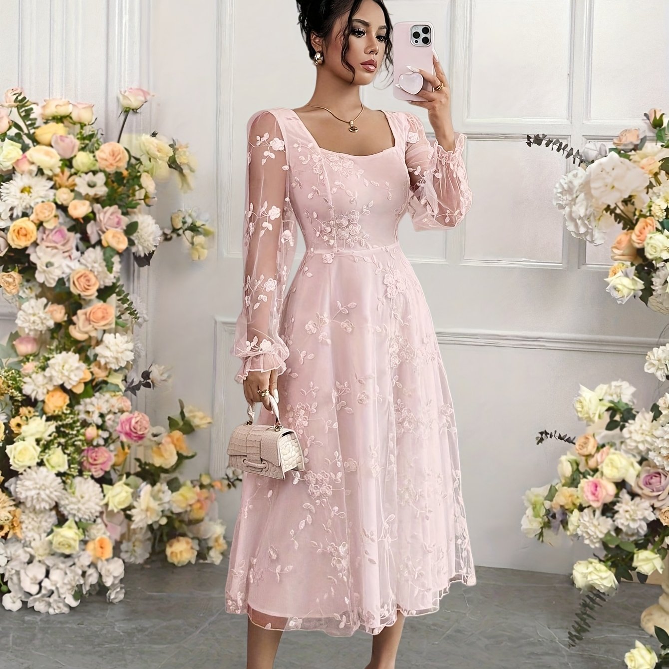 Image of Women' Mesh Embroidered Floral Elegant Party Long Sleeve Bridesmaid Dress
