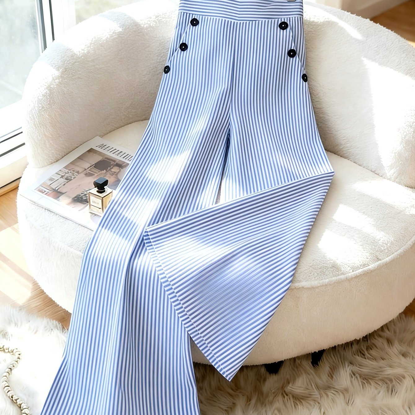 TEMU New Korean-style Spring/summer Fashion, Simple And Elegant Blue And White Striped Pants, High-waisted Straight-leg Loose-fitting Casual Women's