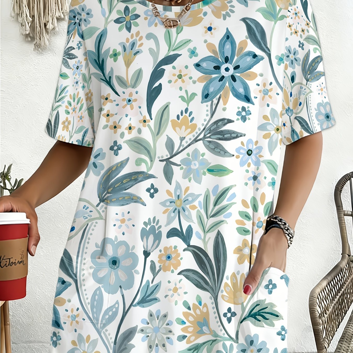 TEMU Plus Size Women's Summer Fresh Watercolor Branch Leaves Style Gentle Wind Printed Pocket Round Neck Short Sleeve T-shirt Athletic Casual
