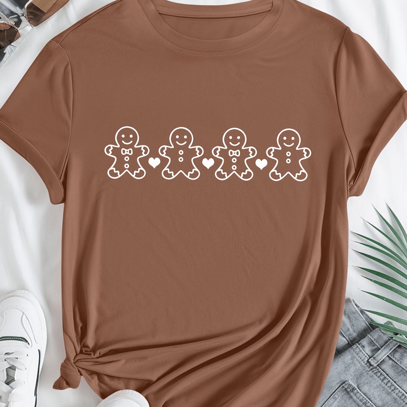 TEMU Women's Christmas & Gingerbread For Man Print Short Sleeve T-shirt - Casual Round Neck , Gingerbread Theme Summer Blouse For Xmas Gifts & Casual