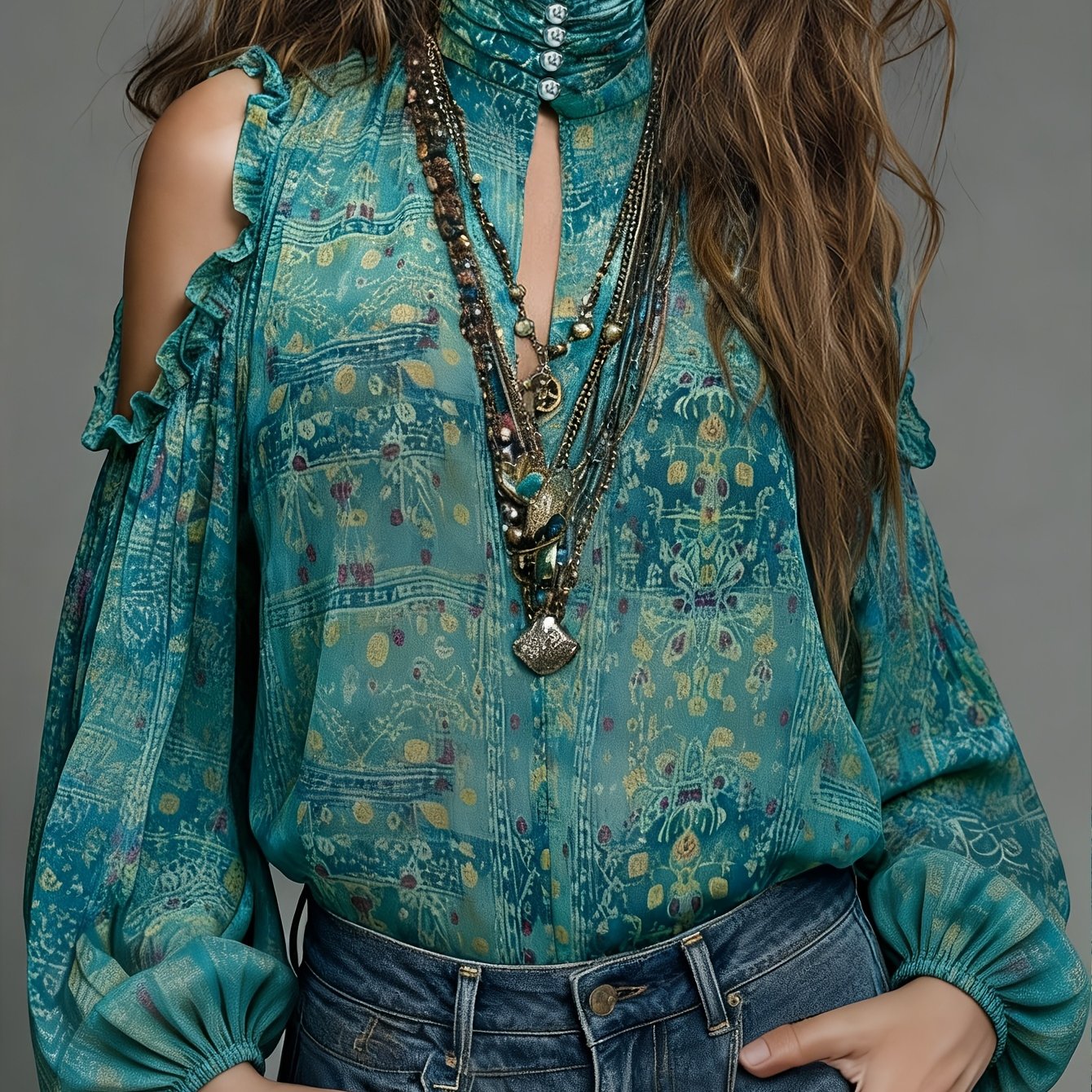 E-shop Böhmisches Chiffon-Top für Damen, schulterfreies Schlüsselloch-Ausschnitt-Langarmshirt mit Aufdruck, lässiges Oberteil im Urlaubsstil