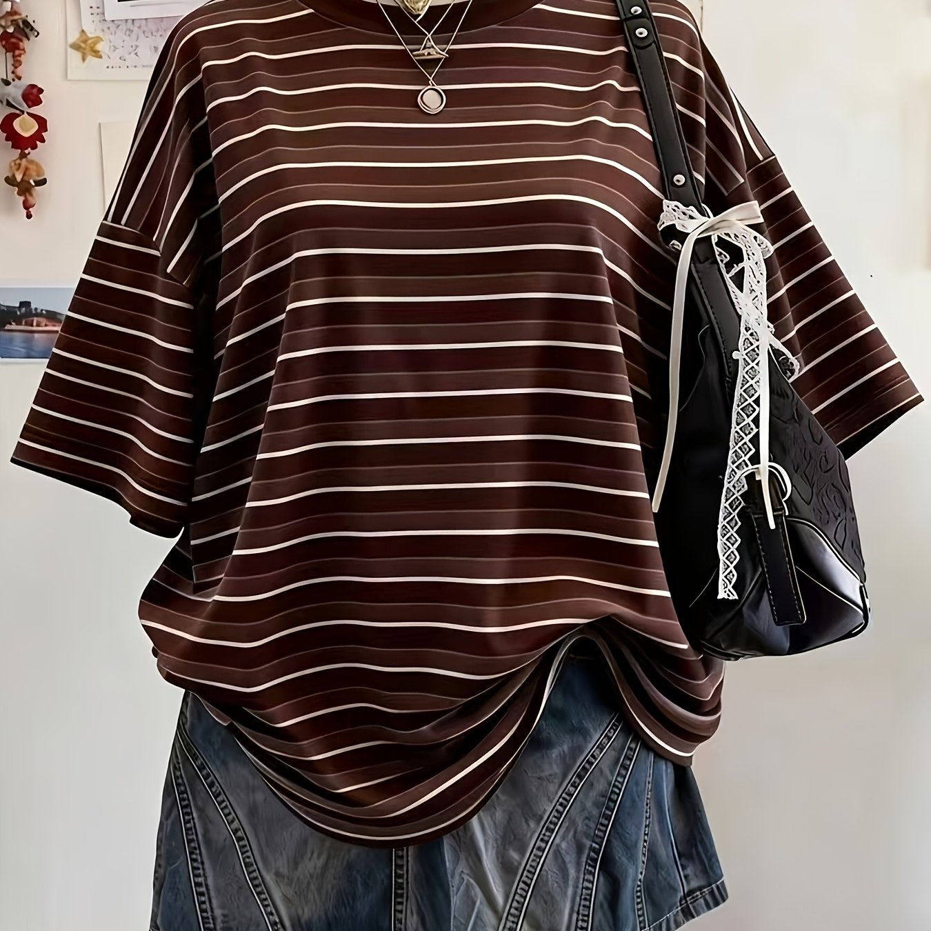 TEMU Striped Women's All- Round Neck Short Sleeve T-shirt Style Round Neck Athletic Wear Fashion Versatile
