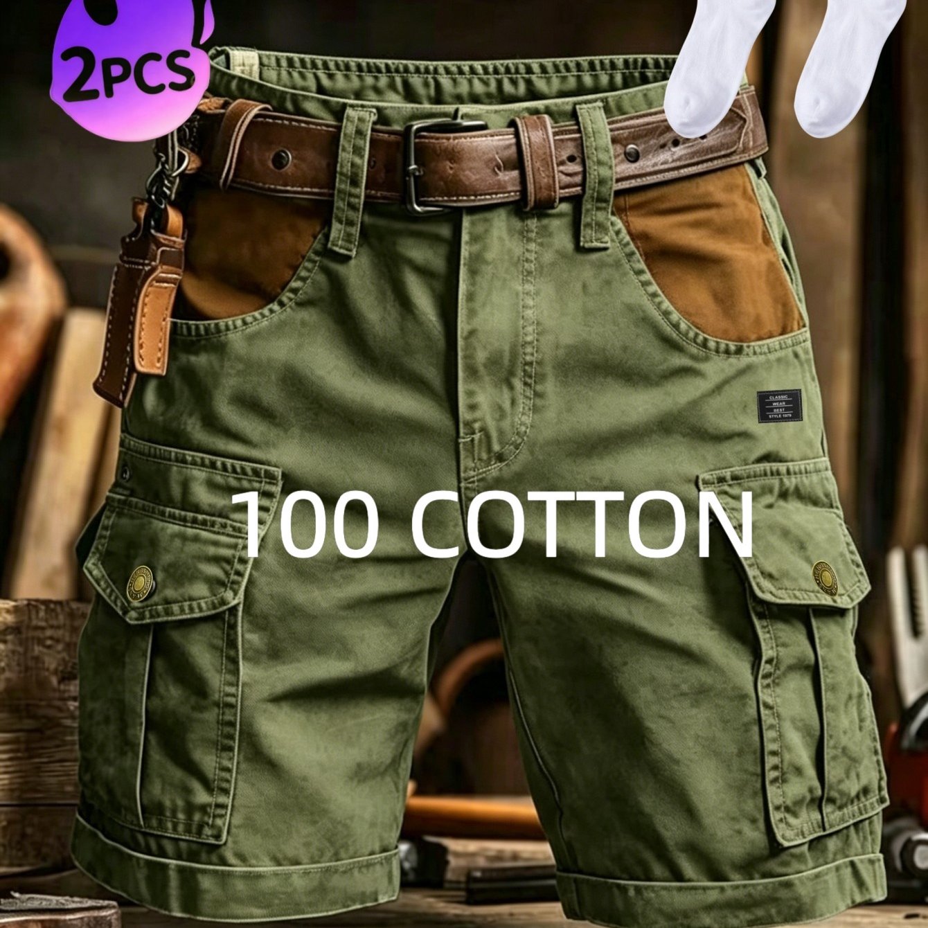 Men Compass Print 100% Cotton Cargo Shorts 2pcs Set Big Side Storage Pockets Shorts With Socks