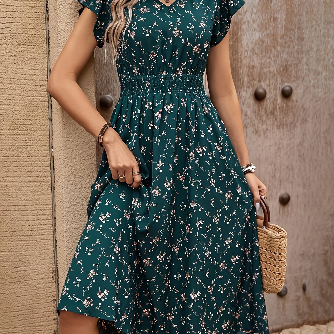 E-shop Dunkelgrünes Kleid mit Blumendruck, V-Ausschnitt, Faltenärmeln taillierter Taille, Sommerrock im französischen Stil, Midi, A-Linie