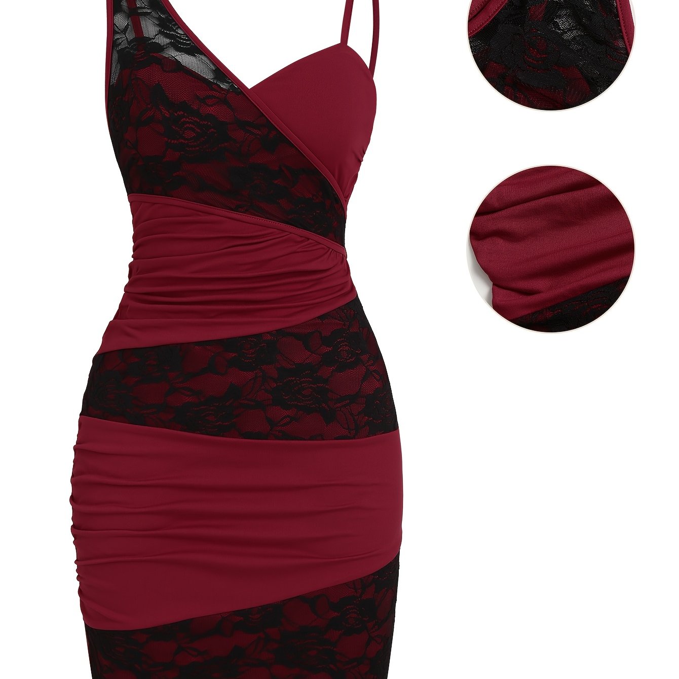 TEMU Women's Casual Rose Lace Asymmetrical Cross-body Bodycon Dress, V-neck Single Thin Strap Side Ruching Fitted Short Dress
