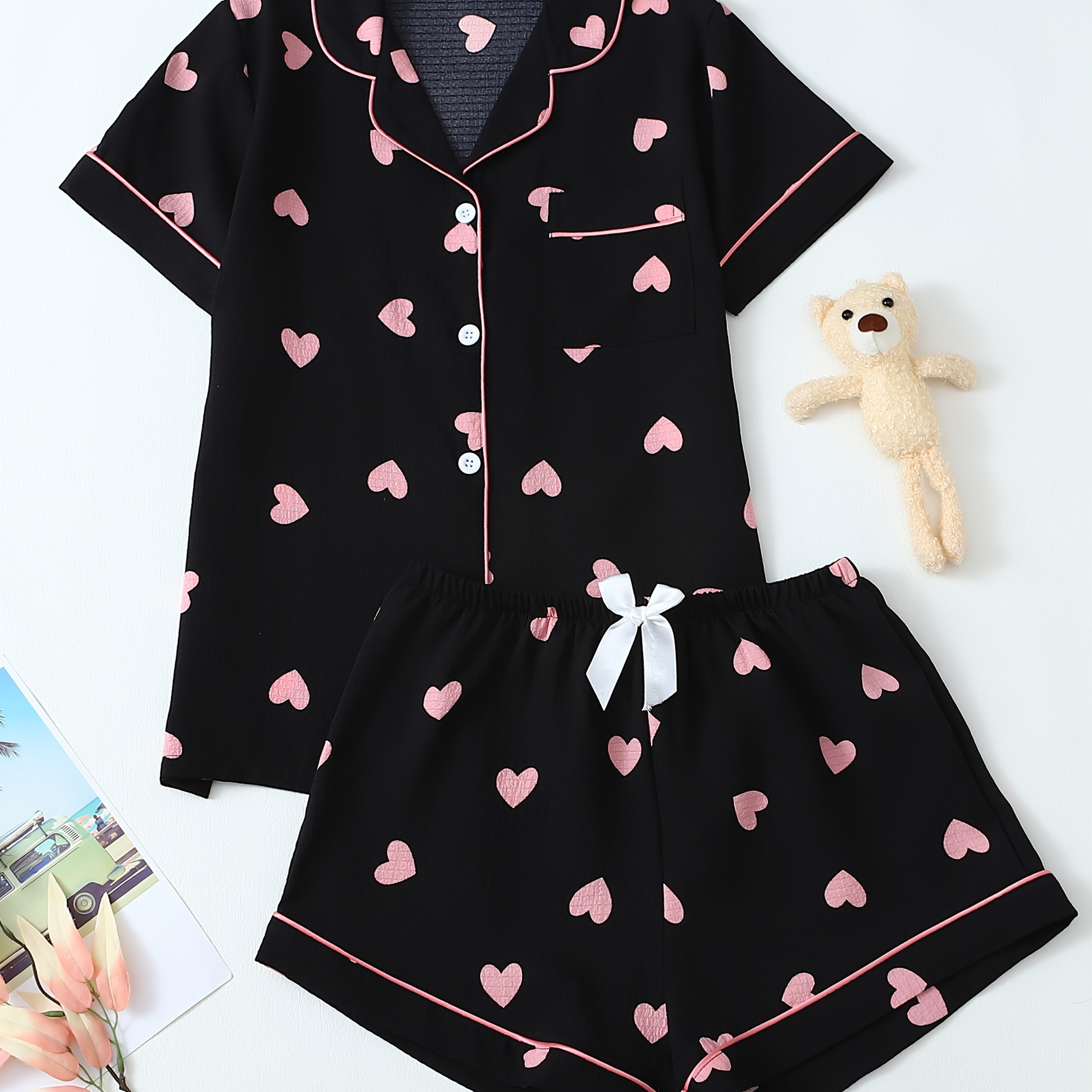 TEMU Love Print Short Sleeve Short Shorts Women's Pajama Set