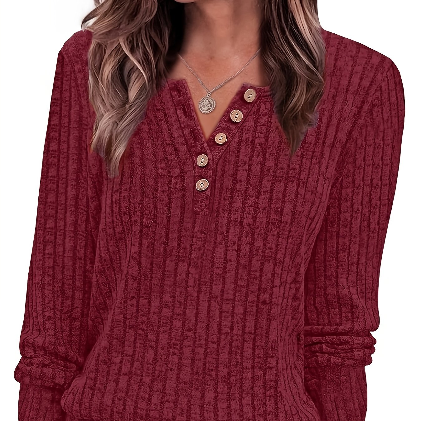 Image of Women's New Autumn/winter Round Neck Casual Fashion Button Long Sleeve T-shirt