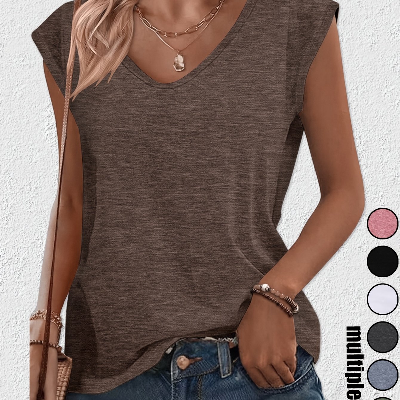 TEMU Nueva camiseta de manga corta de moda casual de /verano, color liso, , con cuello en V