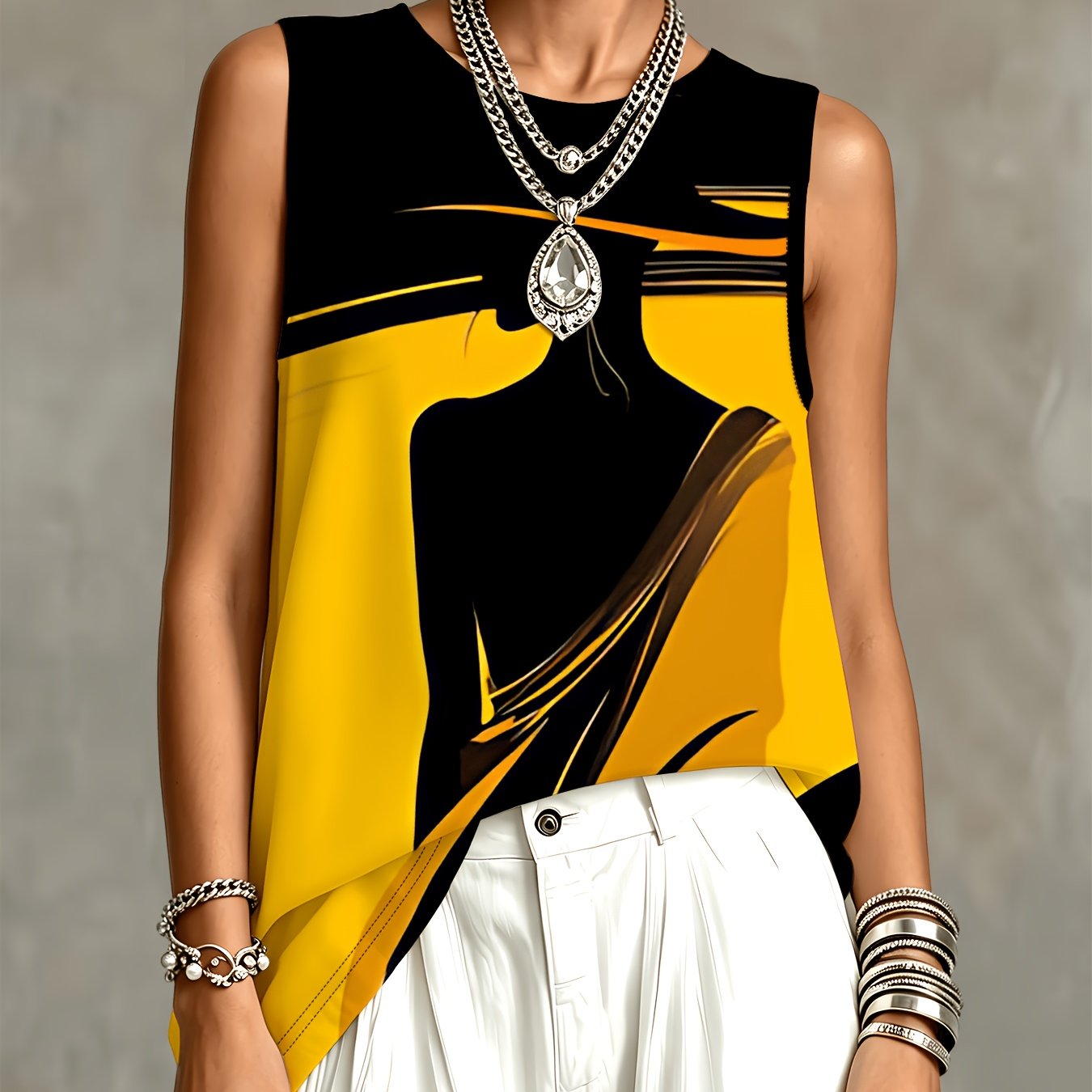 TEMU Women's Abstract Print Sleeveless Tank Top, Fashionable Loose With Yellow And Black Contrast , New Summer Style