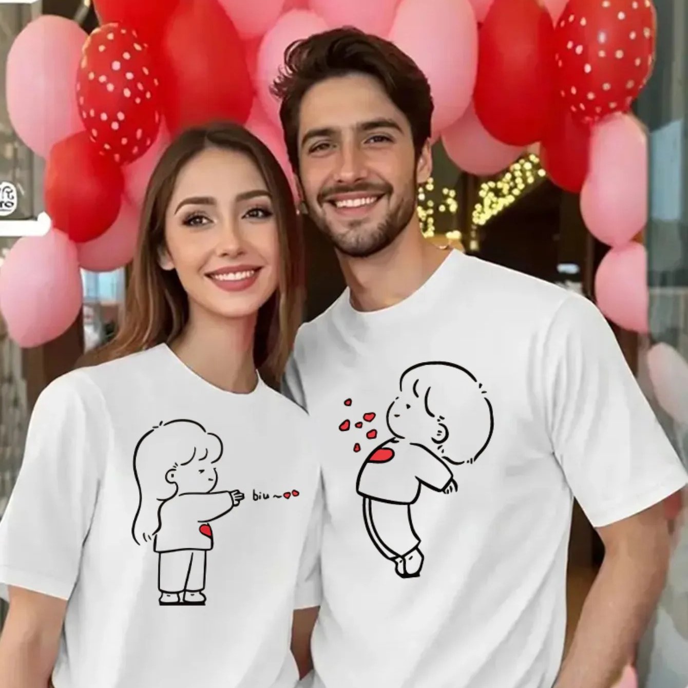1pc, A Small Figure With A Printed On A Couple's Round Neck Short-sleeve T-shirt, Perfect For Valentine's Day, Couple's Top