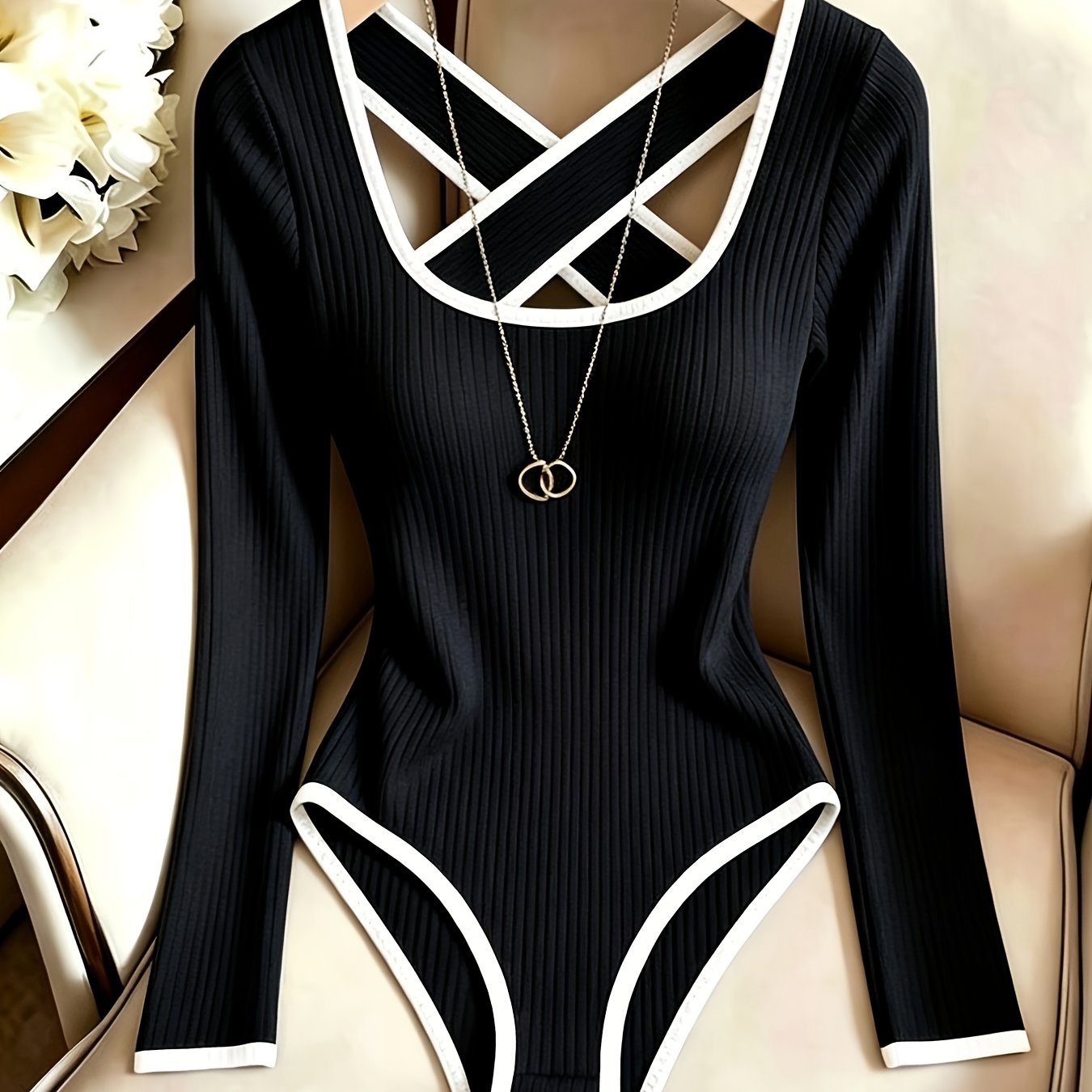 TEMU Women's -block Low Neck Long Sleeve Snap Button Fitted Top, Elegant Casual Wear, Women, Fashion Apparel, Suitable For Party Outfits, Holiday