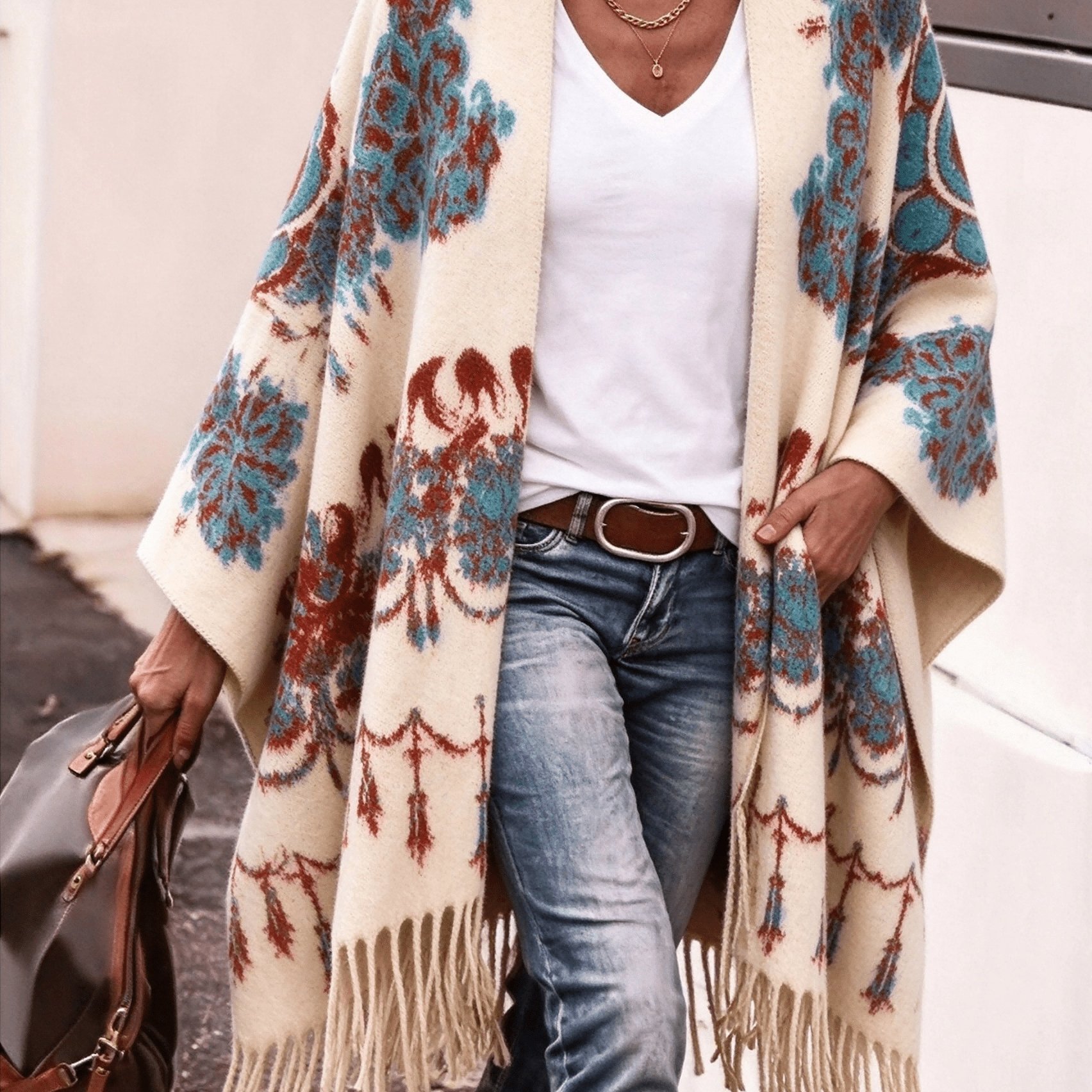 TEMU Plus Size, Retro Ethnic Style Floral Vine Jacquard Tassel With Sleeves Cloak Women' Ancient Town Vacation Photoshoot, Beach , Dress